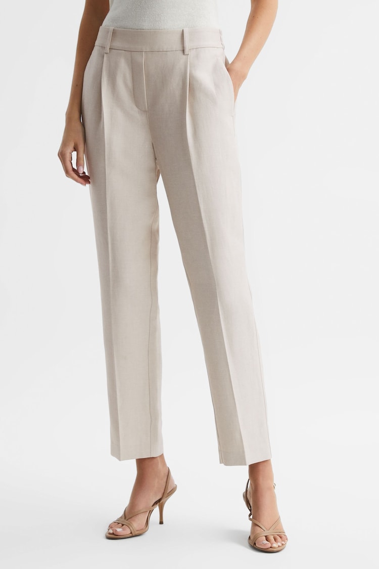 Reiss Oatmeal Shae Taper Petite Tapered Linen Trousers - Image 1 of 7