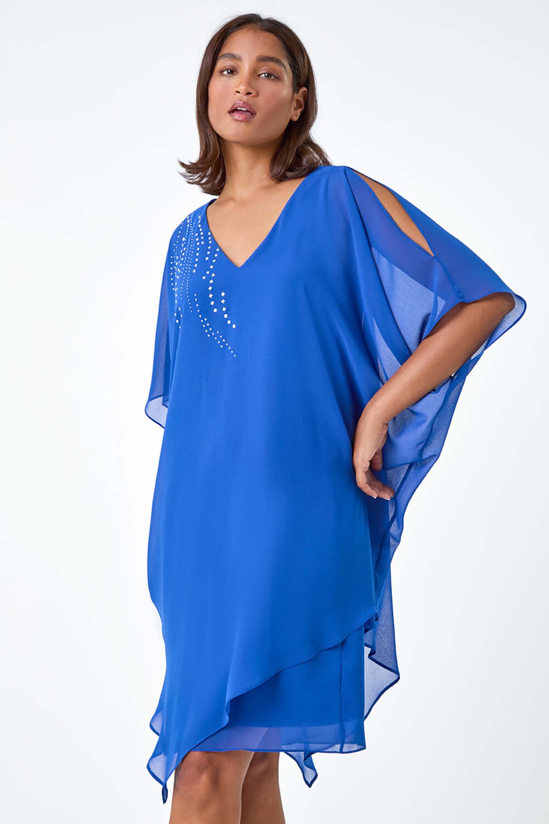 Buy Roman Blue Embellished Cold Shoulder Overlay Dress from the Next UK online shop