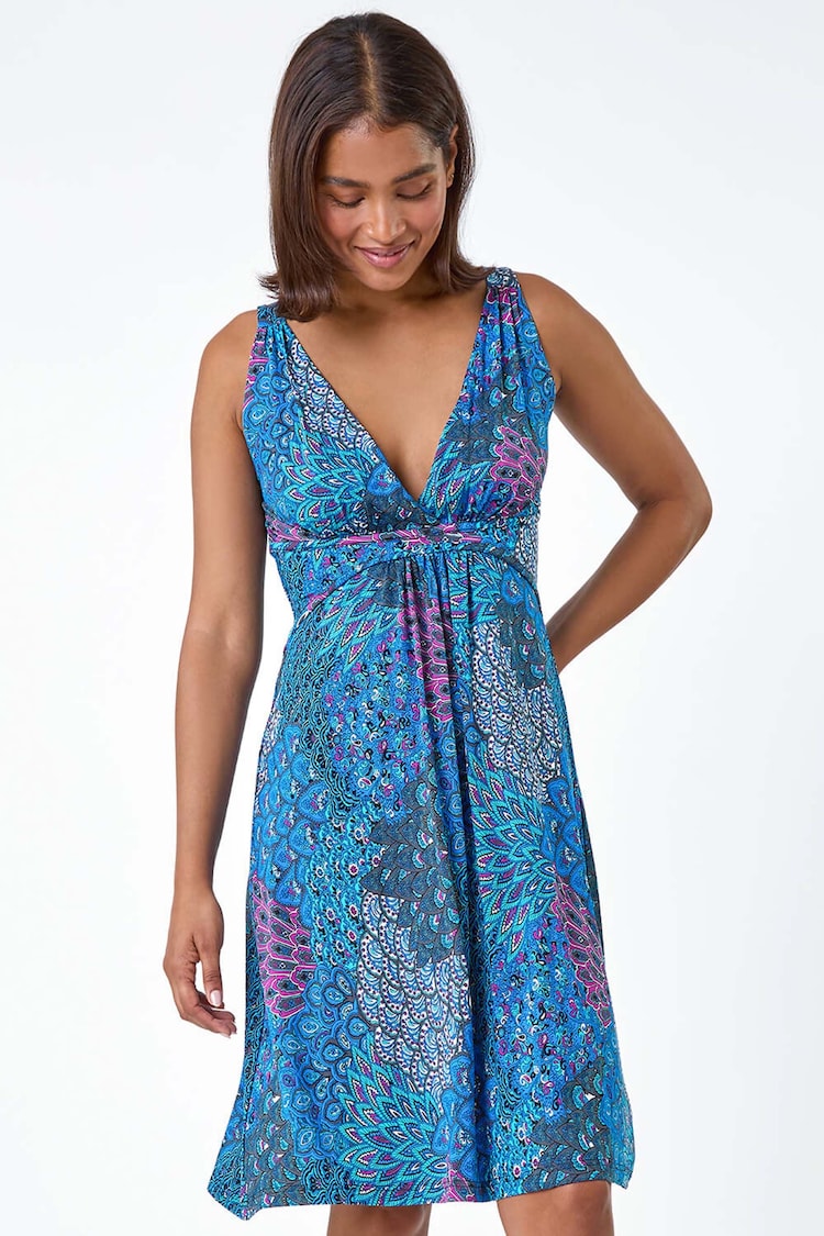 Roman Blue Abstract Floral Stretch Jersey Dress - Image 2 of 5