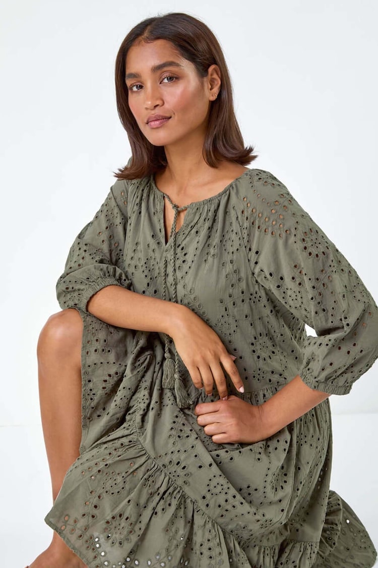 Roman Green 100% Cotton Broderie Tiered Smock Dress - Image 2 of 6