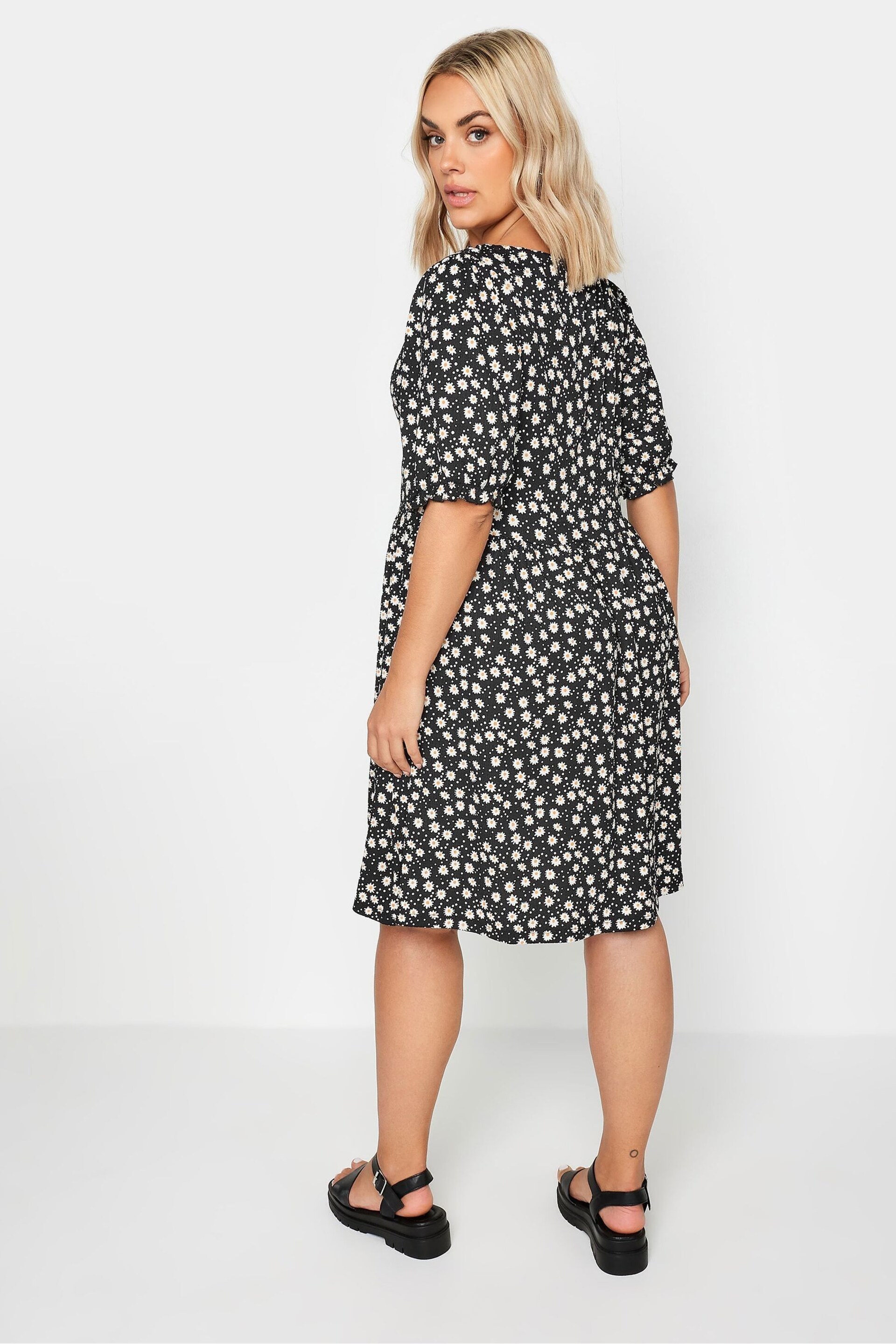 Yours Curve Denim Black Floral Print Textured Mini Dress - Image 3 of 5