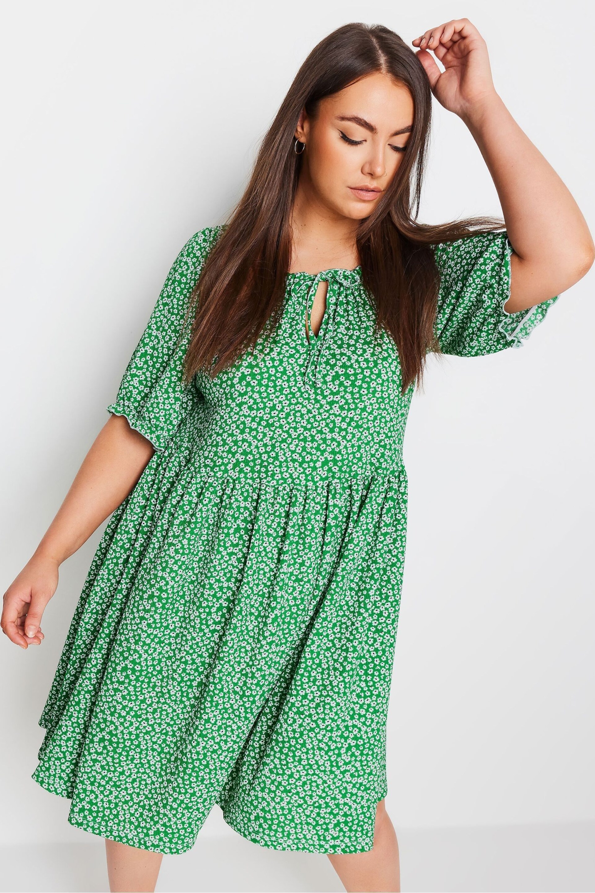 Yours Curve Green Floral Print Textured Mini Dress - Image 1 of 5