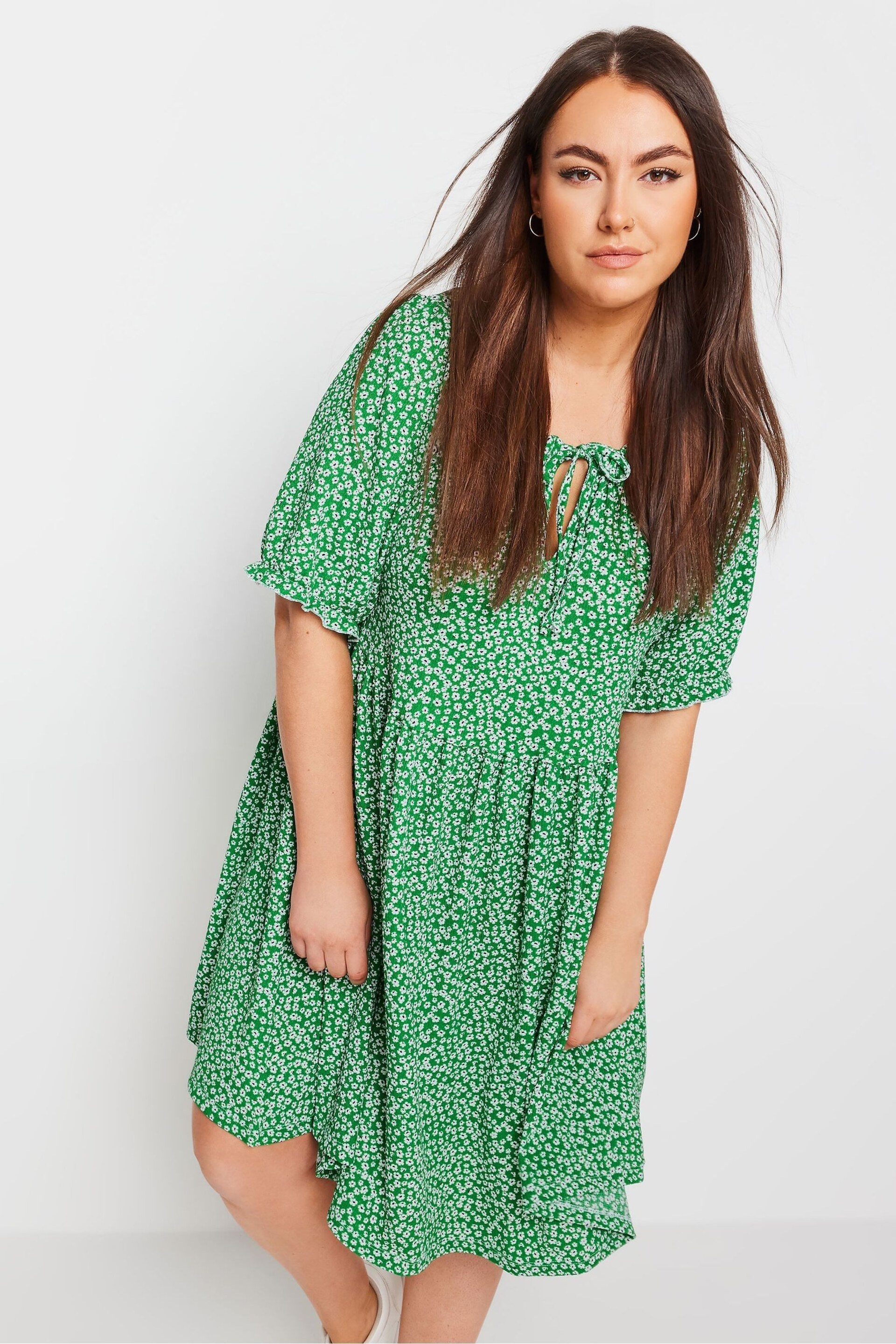 Yours Curve Green Floral Print Textured Mini Dress - Image 2 of 5