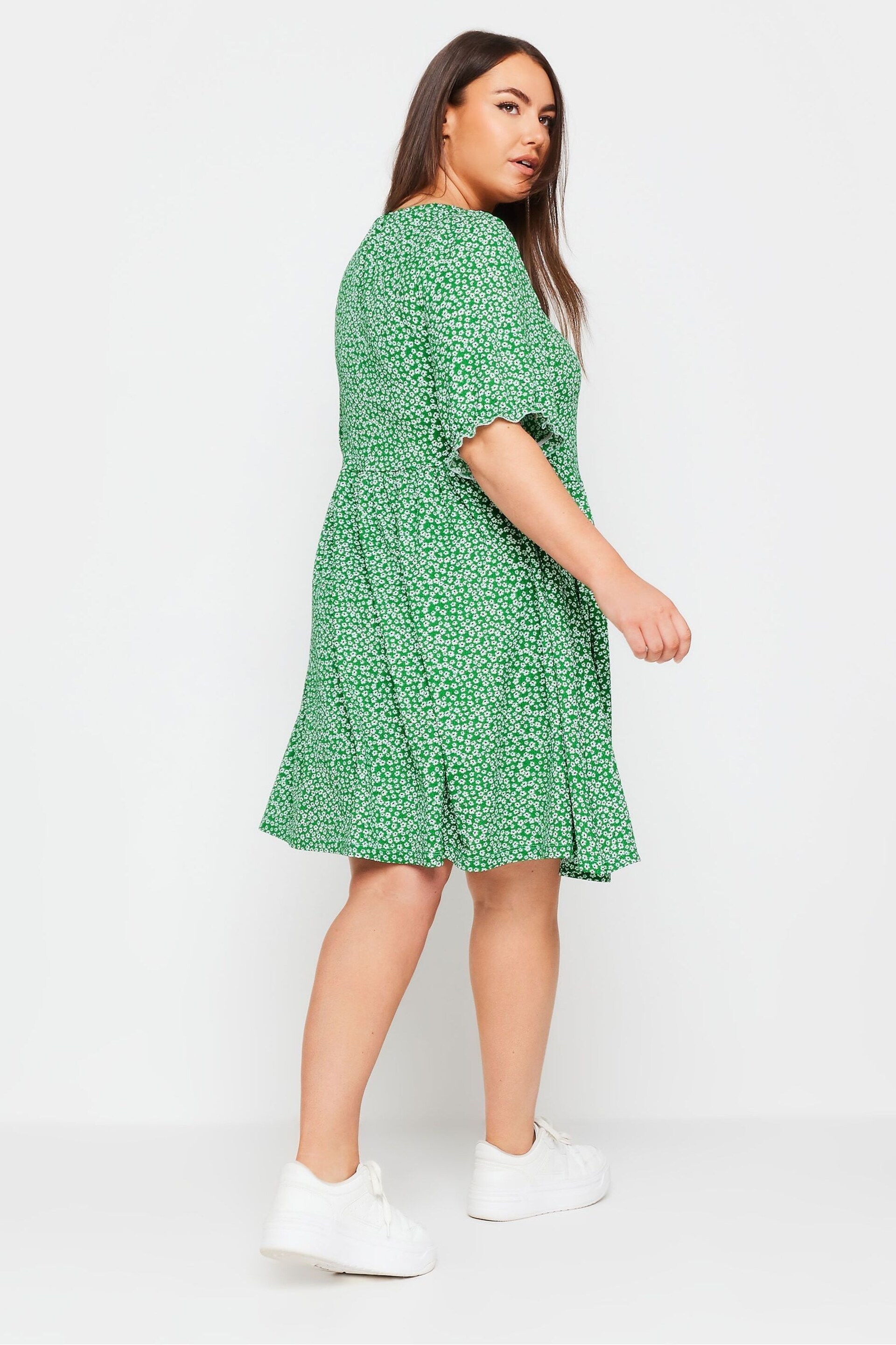 Yours Curve Green Floral Print Textured Mini Dress - Image 3 of 5