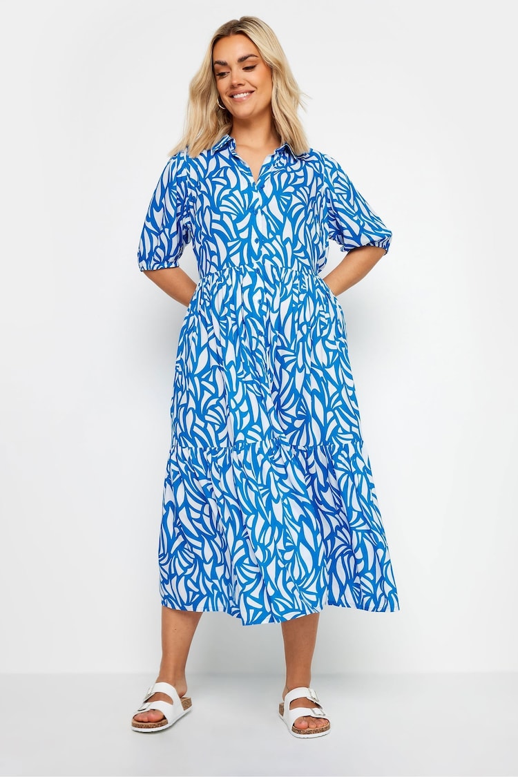 Yours Curve Blue 100% Cotton Abstract Tiered Shirt Dress - Image 2 of 4