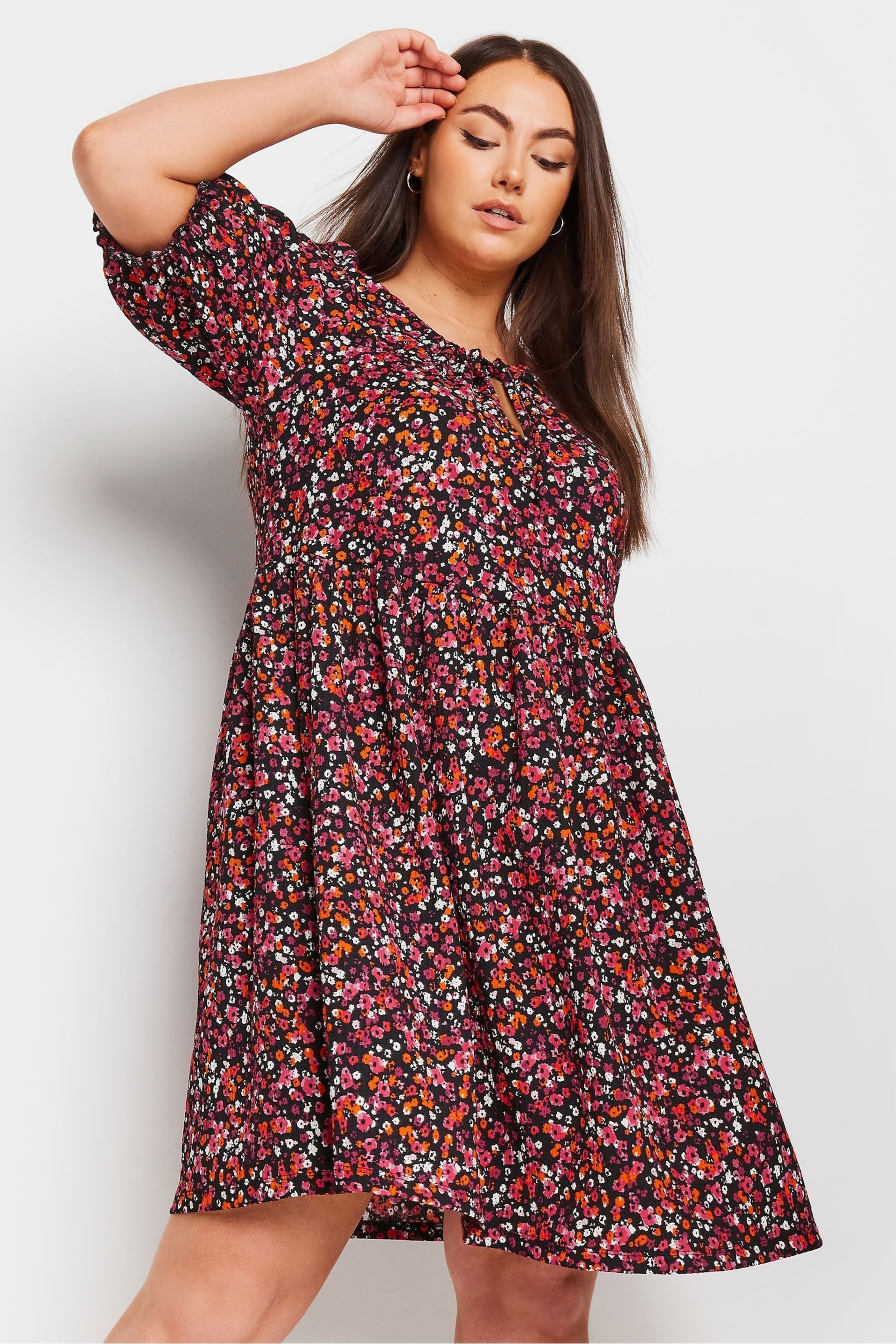 Yours Curve Black Floral Print Textured Mini Dress - Image 1 of 5