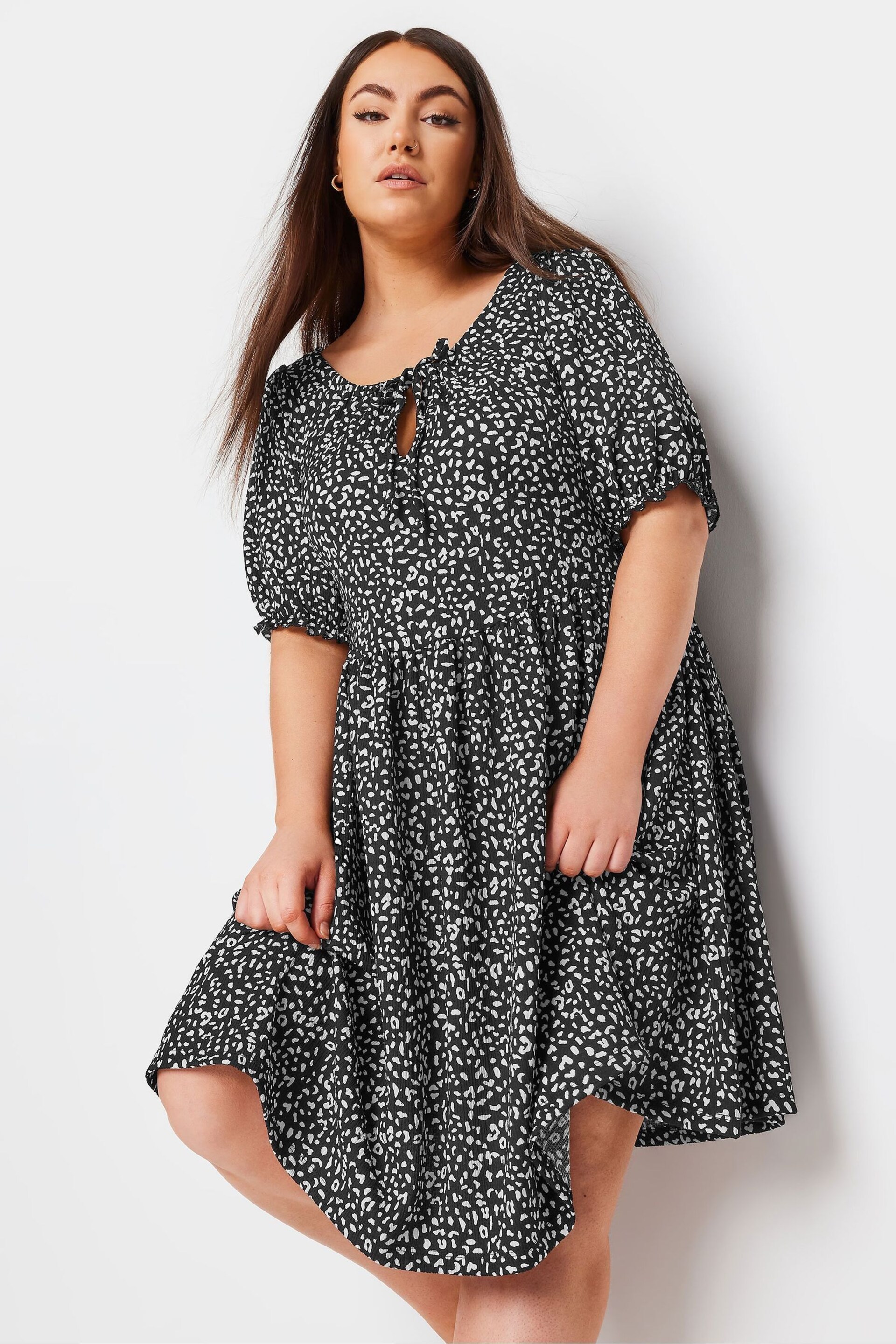 Yours Curve Black Leopard Print Textured Mini Dress - Image 1 of 5