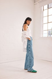 Mid Blue 100% Cotton Cargo Wide Leg Jeans - Image 3 of 8