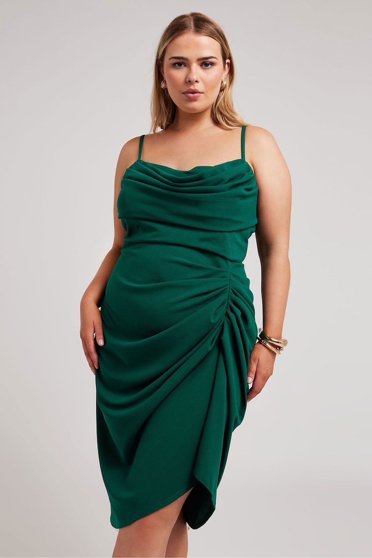 Yours Curve Green LONDON Curve Cowl Neck Gathered Dress - Image 1 of 5