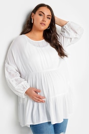 Yours Curve White Maternity Tiered Top With Broderie Sleeves - Image 1 of 5