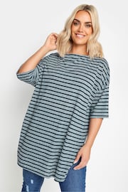 Yours Curve Blue Stripe Oversized Linen T-Shirt - Image 1 of 5