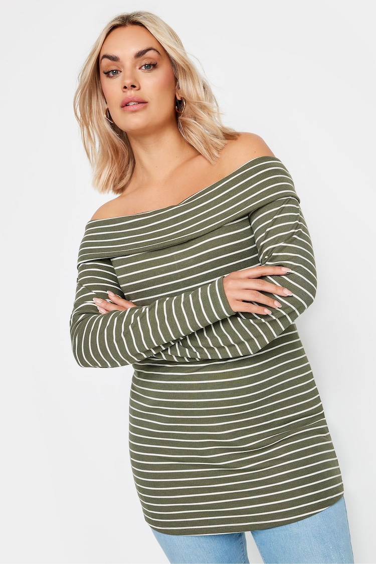 Yours Curve Green Stripe Long Sleeve Bardot Top - Image 2 of 6