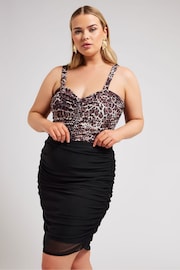 Yours Curve Black LONDON Leopard Print Gathered Mesh Skirt - Image 1 of 5