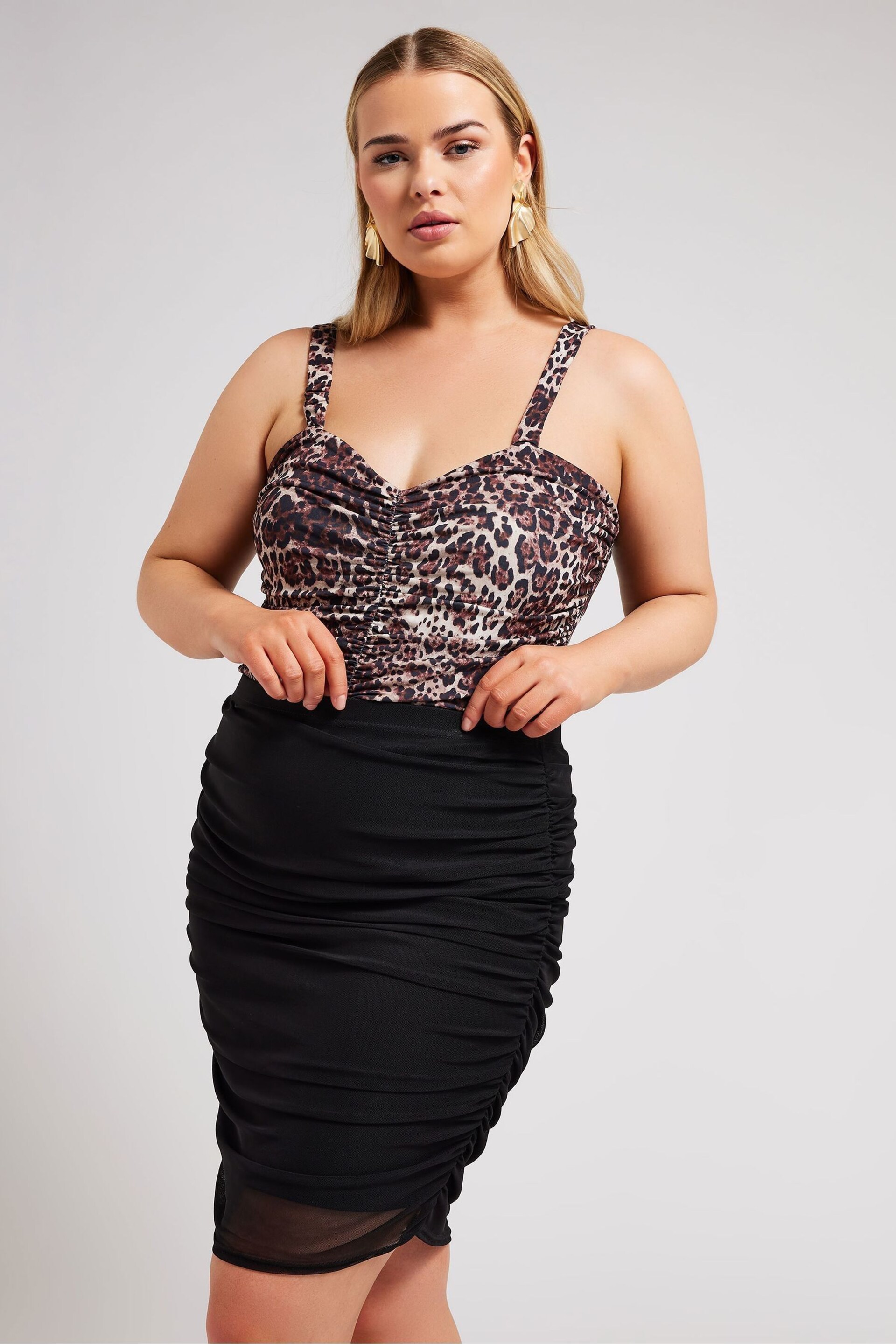 Yours Curve Black LONDON Leopard Print Gathered Mesh Skirt - Image 1 of 5