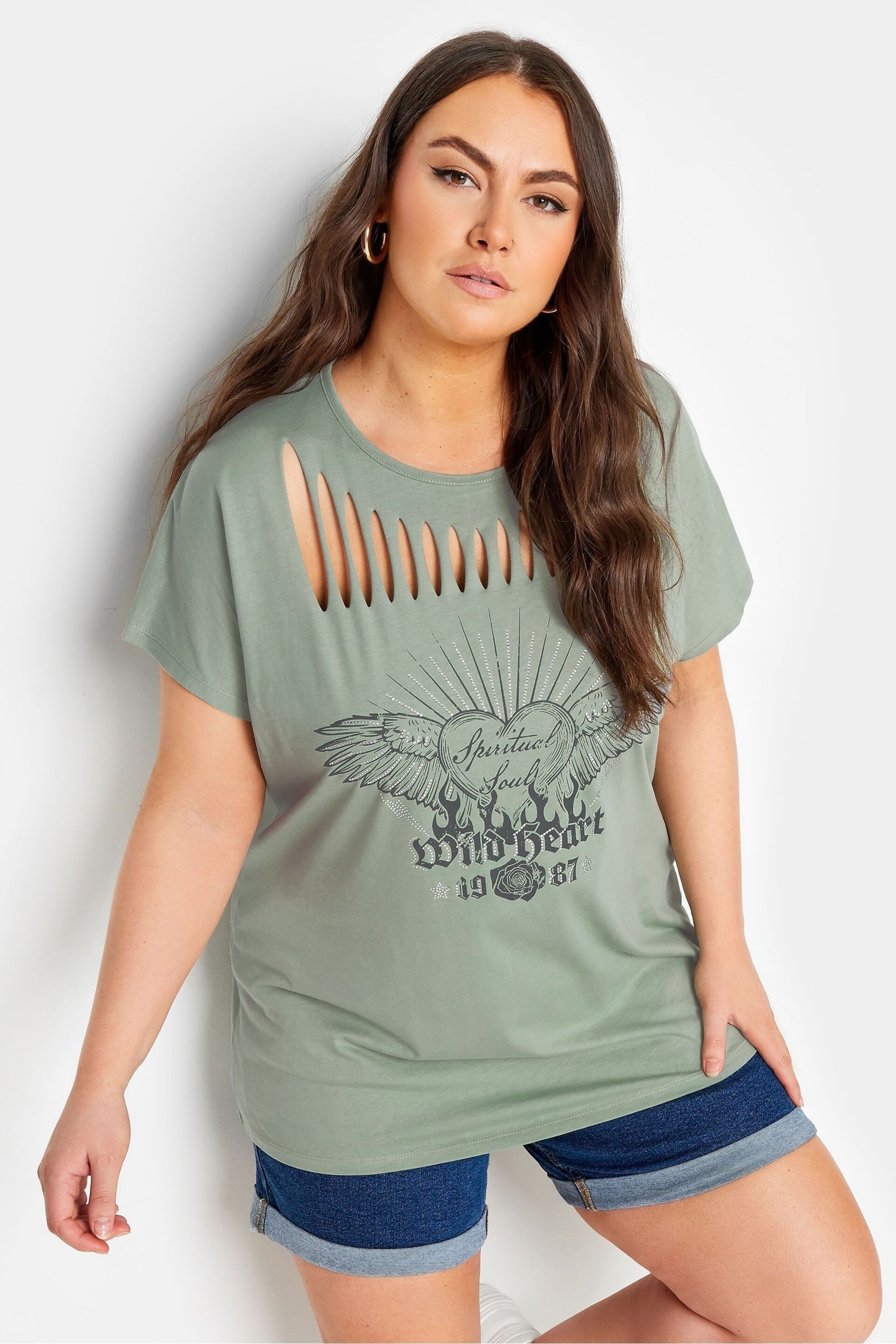 Yours Curve Green Diamante Wild Heart Laser Cut T-Shirt - Image 1 of 6