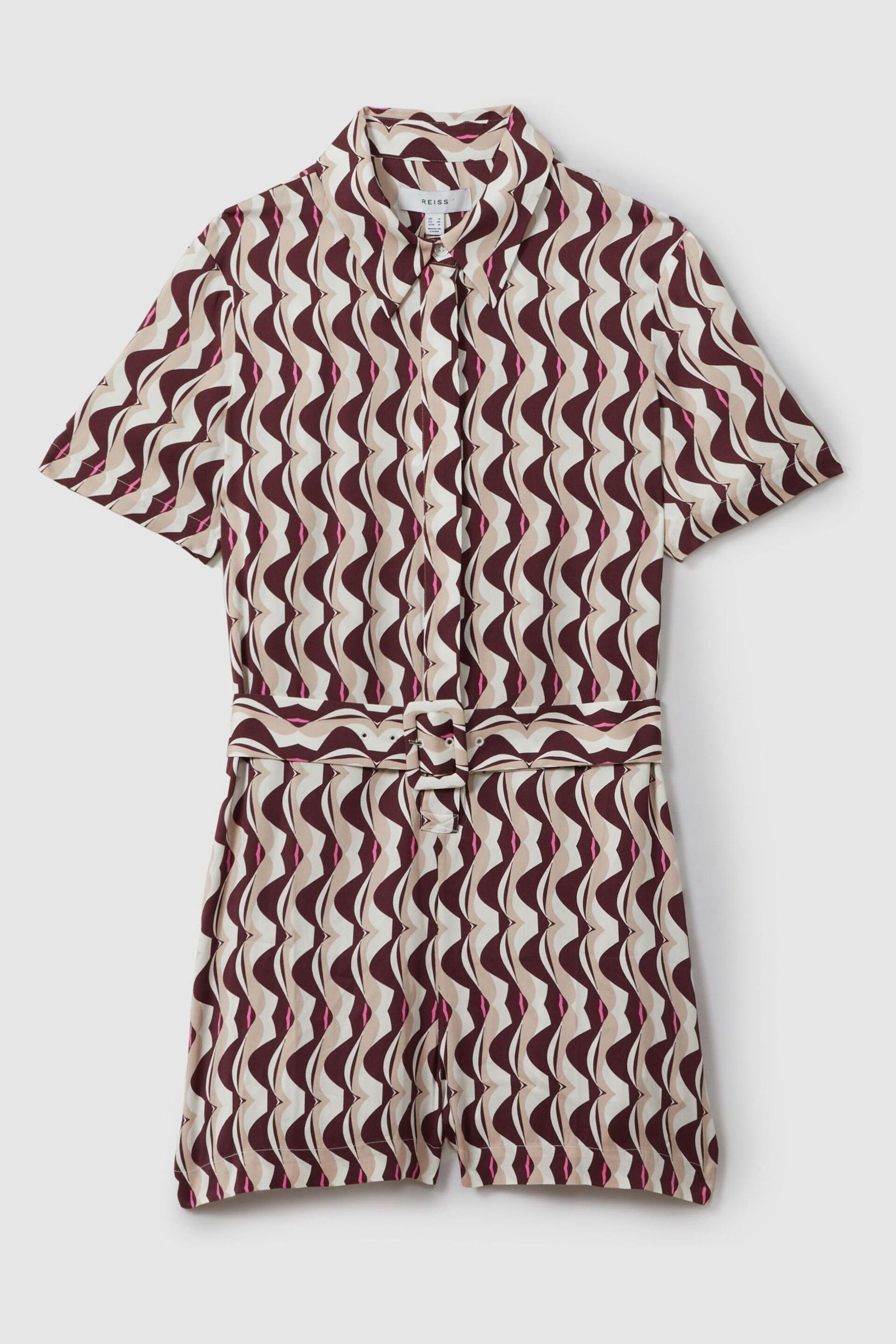 Reiss Burgundy Greta Wave Print Belted Playsuit - Image 2 of 4
