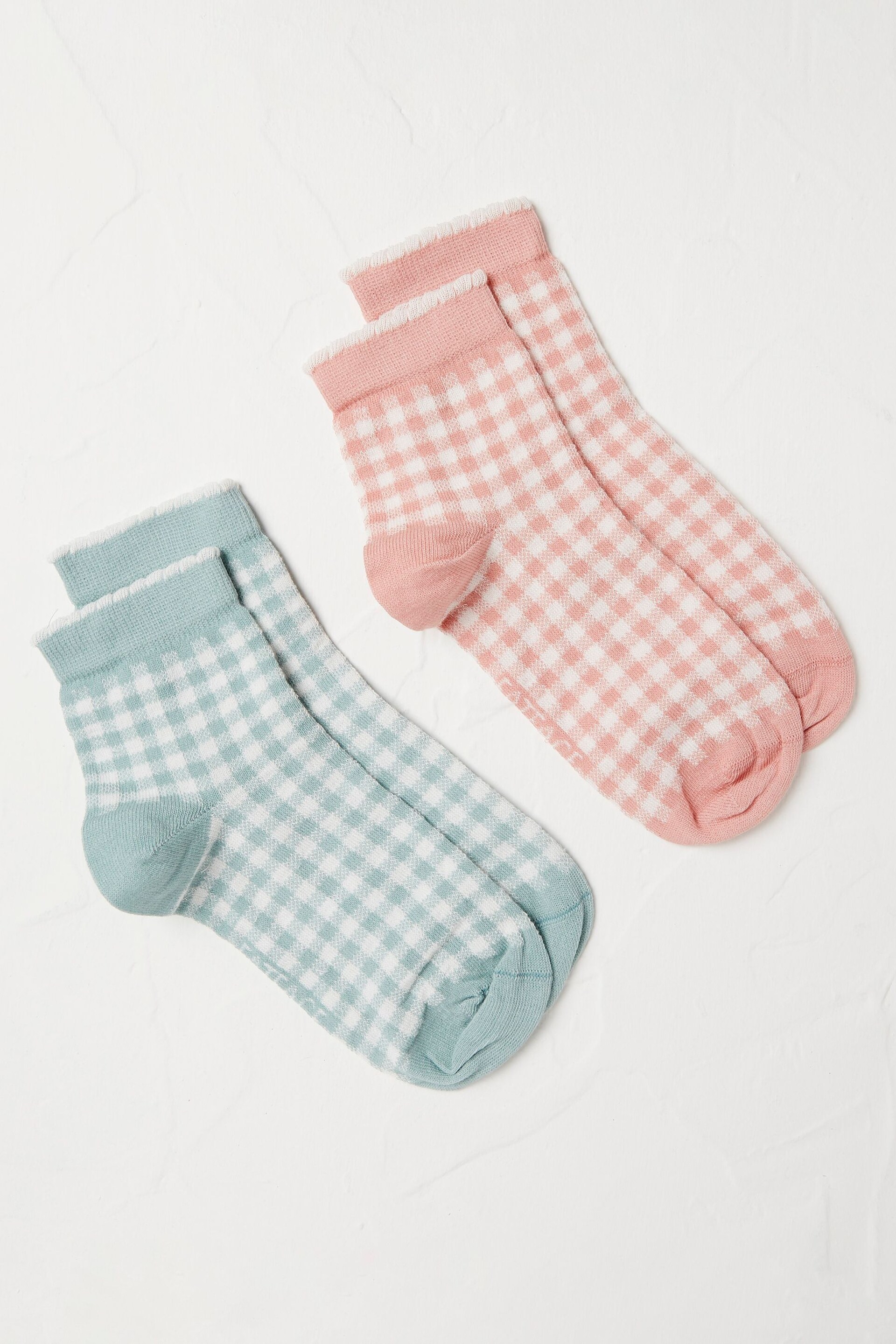 FatFace Green Gingham Socks 2 Pack - Image 1 of 2