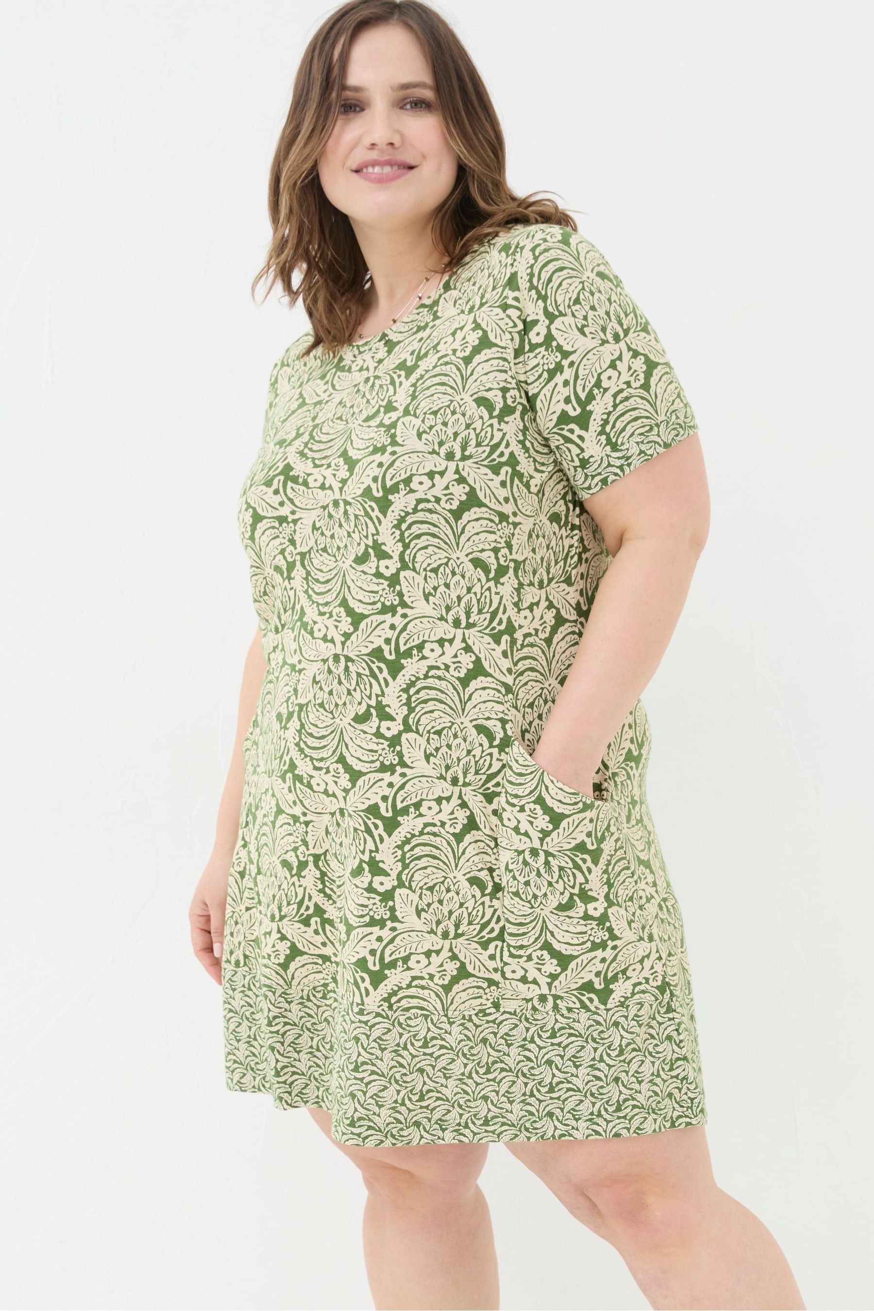 FatFace Green Simone Damask Floral Jersey Dress