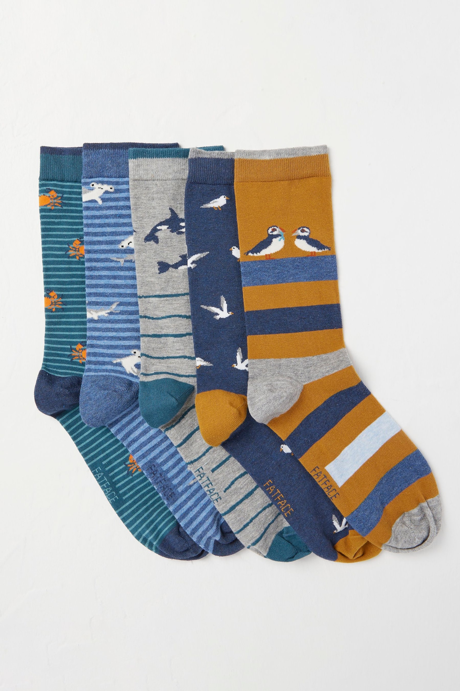 FatFace Orange Sealife Socks 5 Pack - Image 1 of 2