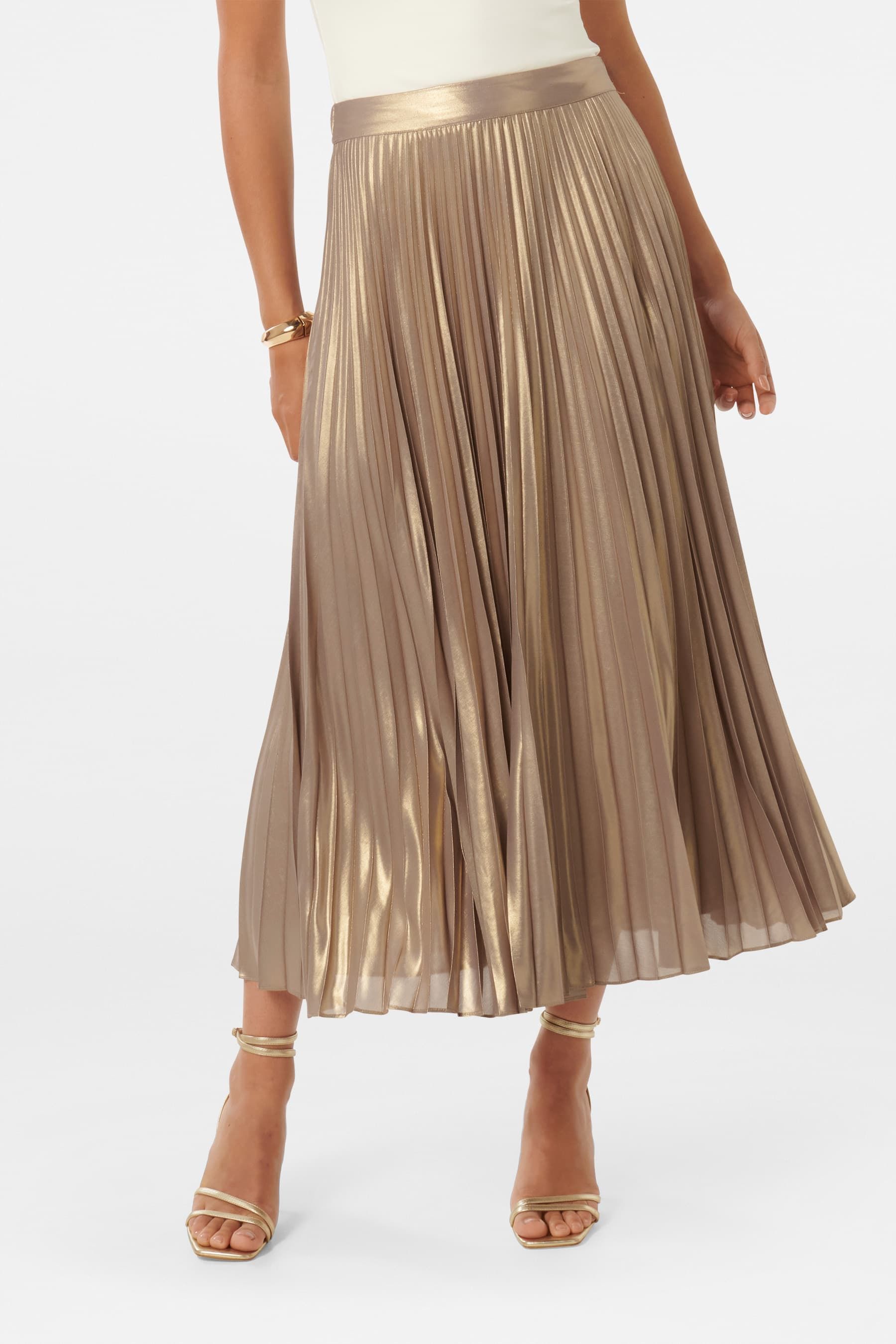 Gold pleated long skirt cheap