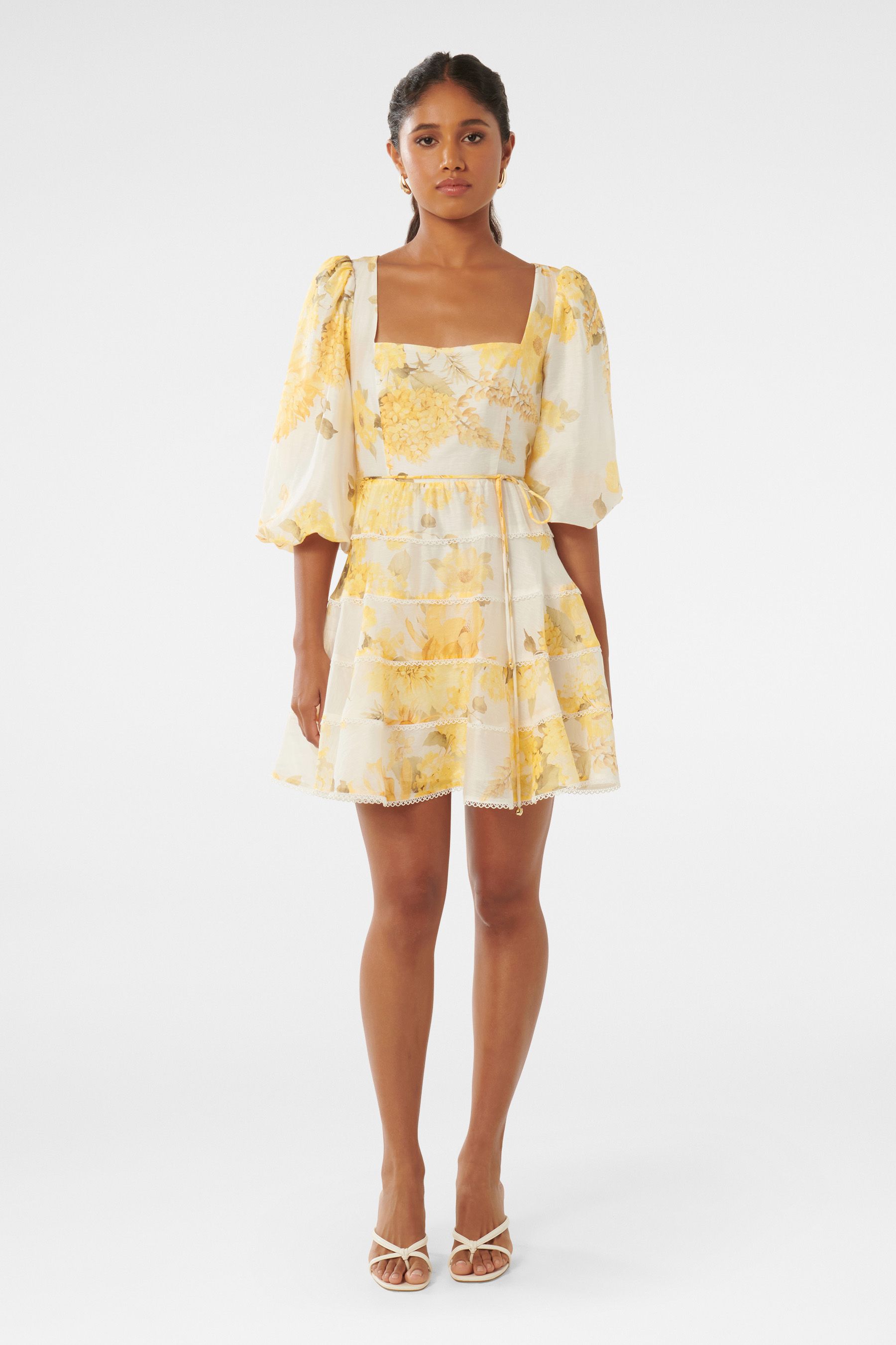 Buy Forever New Gold Esmie Petite Tiered Floral Skater Dress with a touch of Linen from Next Luxembourg