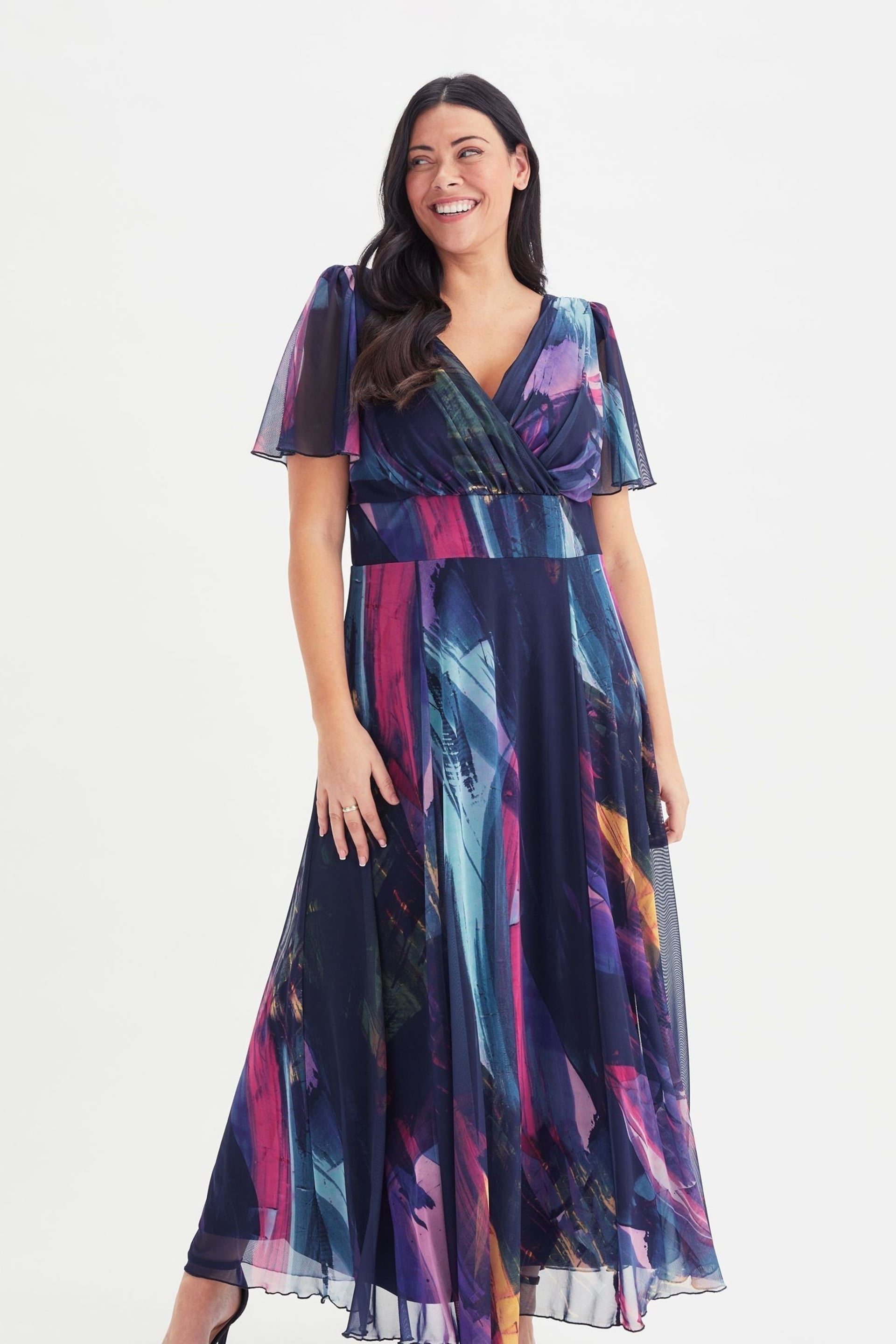 Scarlett & Jo Navy Blue & Purple Multi Brush Stroke Isabelle Angel Sleeve Maxi Dress - Image 2 of 5