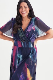 Scarlett & Jo Navy Blue & Purple Multi Brush Stroke Isabelle Angel Sleeve Maxi Dress - Image 3 of 5