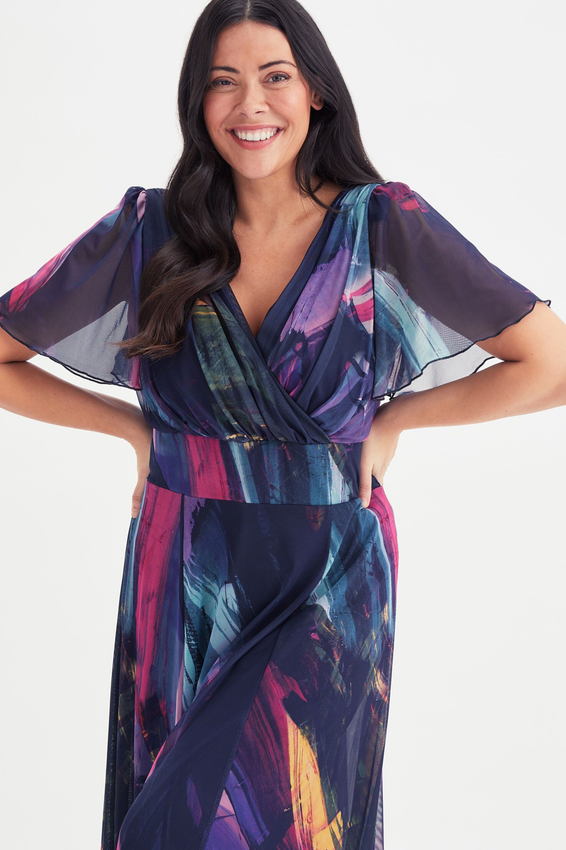 Scarlett & Jo Navy Blue & Purple Multi Brush Stroke Isabelle Angel Sleeve Maxi Dress - Image 3 of 5