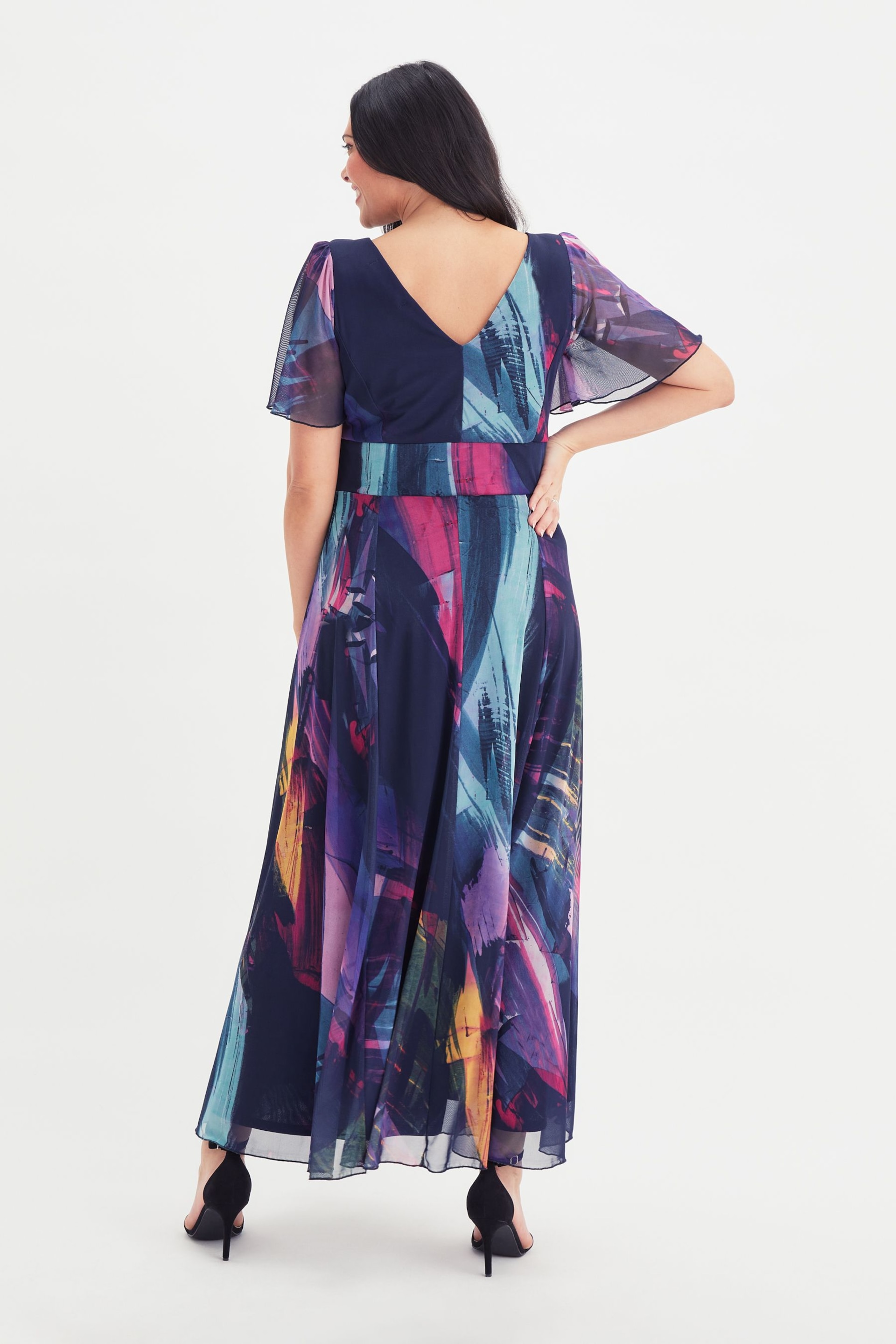 Scarlett & Jo Navy Blue & Purple Multi Brush Stroke Isabelle Angel Sleeve Maxi Dress - Image 5 of 5