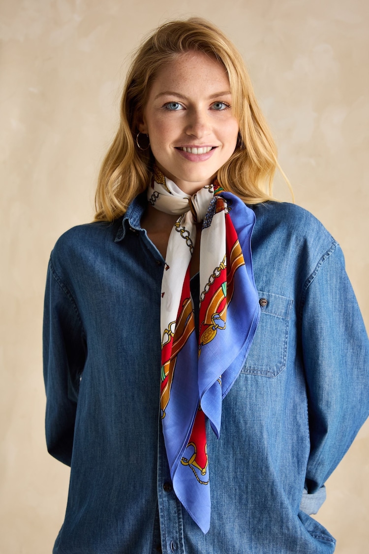 Joules Middleton Blue/Neutral Square Viscose Scarf - Image 2 of 3