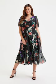 Scarlett & Jo Black & Pink Multi Floral Victoria Angel Sleeve Mesh Midi Dress - Image 1 of 5