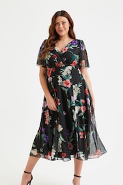 Scarlett & Jo Black & Pink Multi Floral Victoria Angel Sleeve Mesh Midi Dress - Image 2 of 5