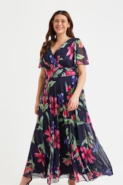 Scarlett & Jo Navy Blue & Pink Floral Isabelle Angel Sleeve Maxi Dress - Image 2 of 5