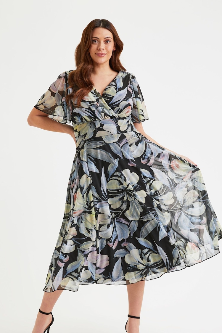 Scarlett & Jo Black Blue & Green Floral Victoria Angel Sleeve Mesh Midi Dress - Image 2 of 4