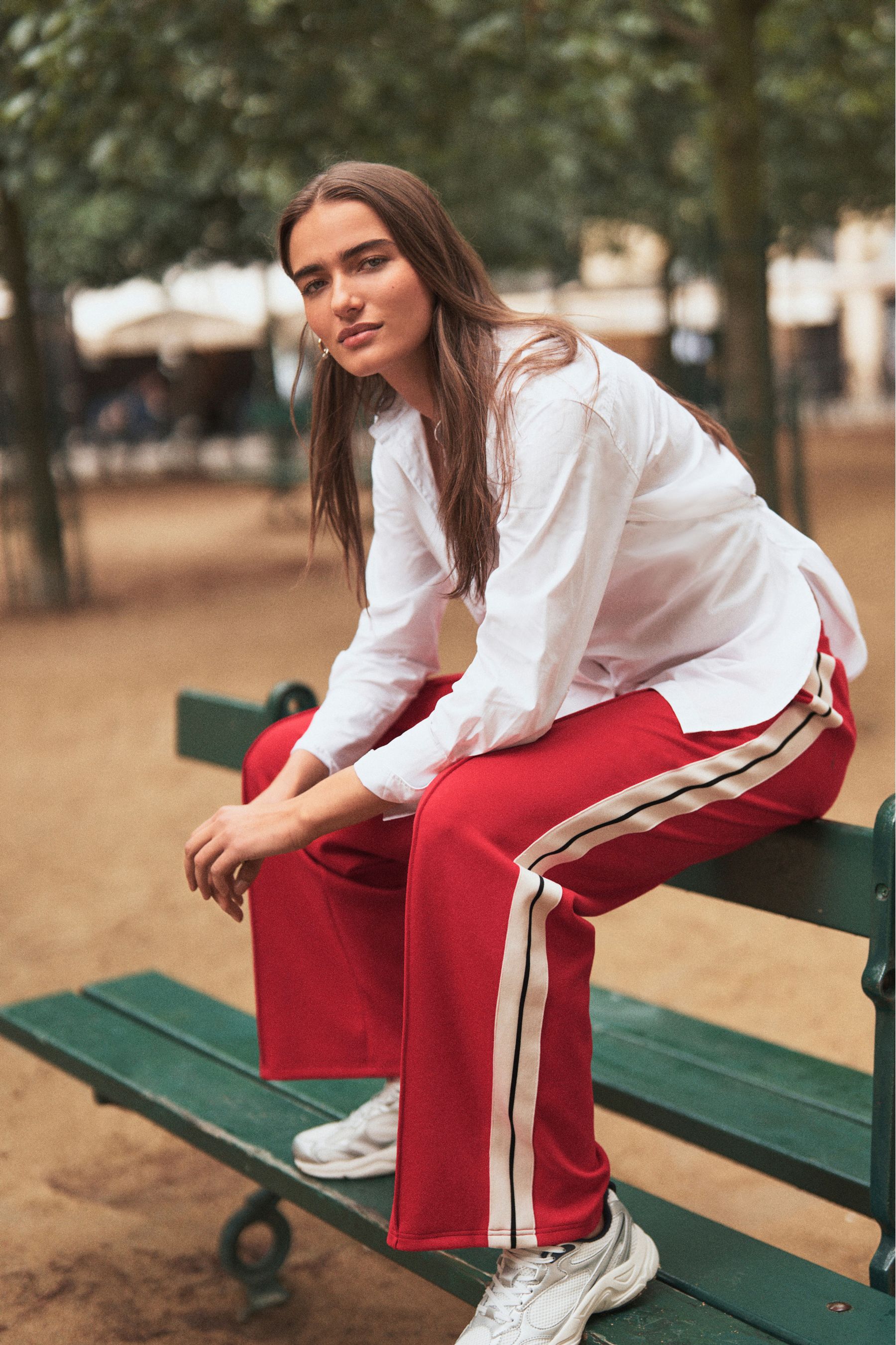 Red trousers with side stripe online