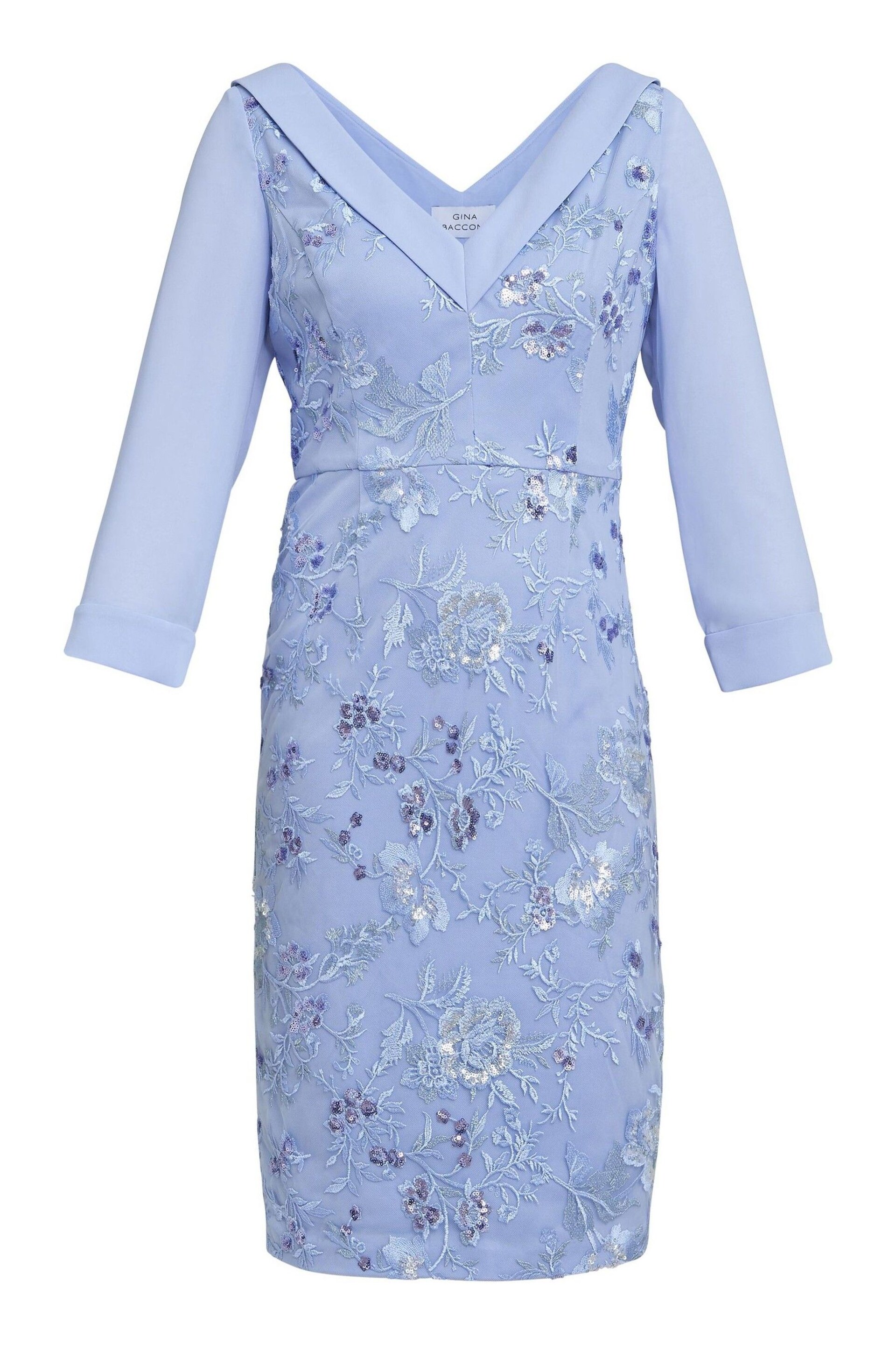 Gina Bacconi Blue Daisy Crepe Dress With Embroidery - Image 6 of 6