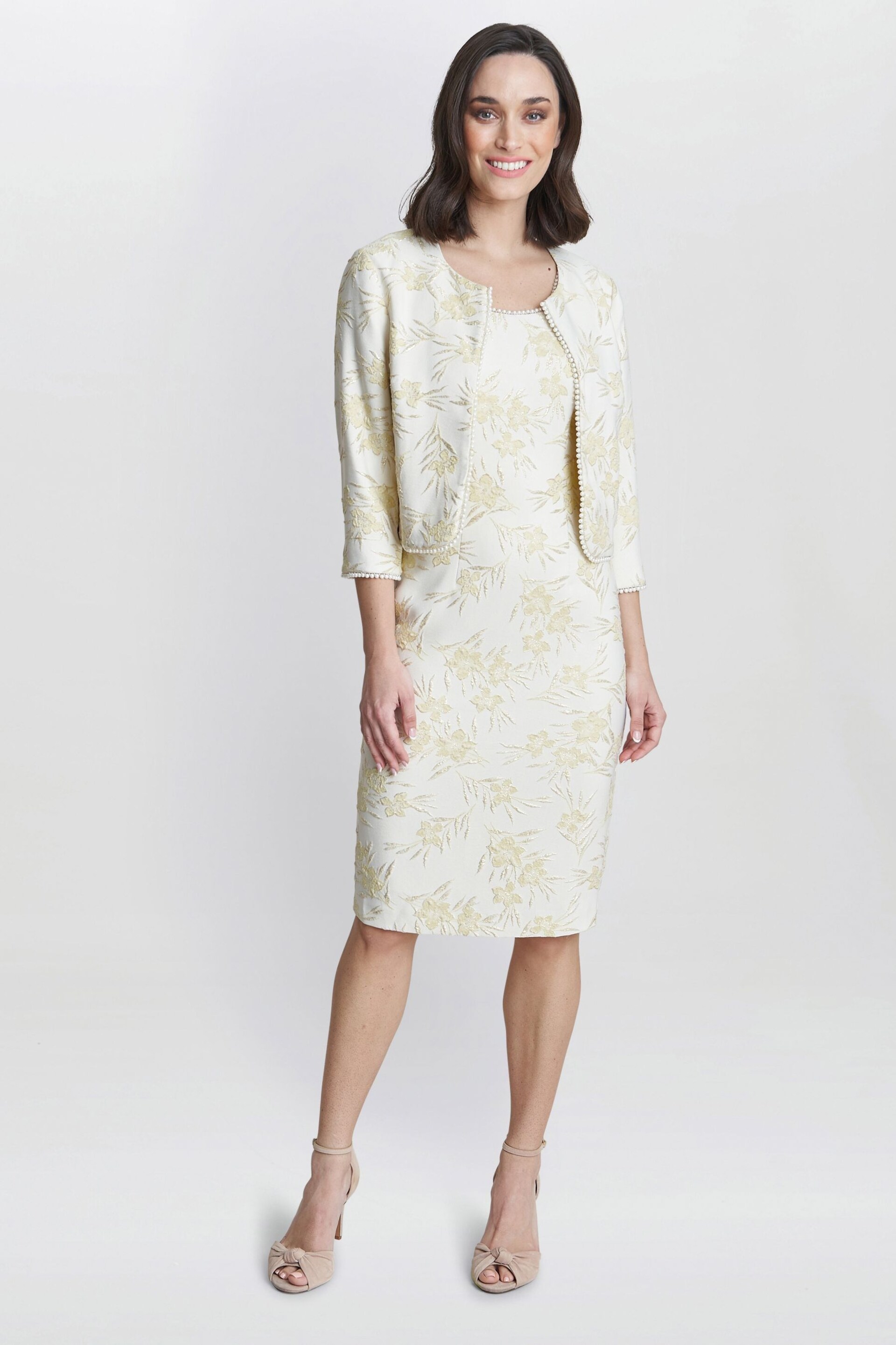 Gina Bacconi Yellow Lindsay Dress And Jacket With Pearl Trim - Image 3 of 6