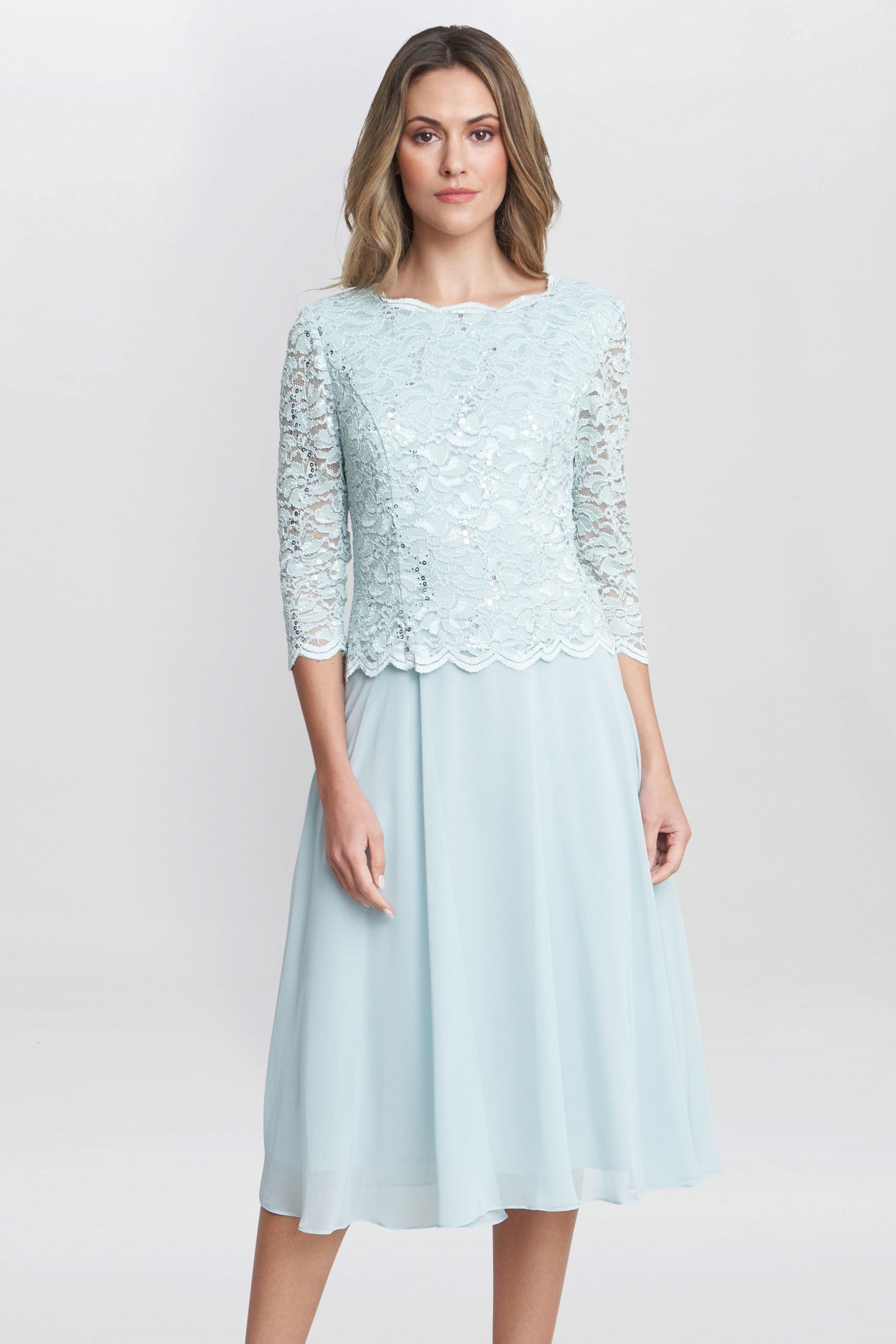 Gina Bacconi Rona Midi Dress With Lace Bodice Chiffon Skirt 12 BLUE Womens
