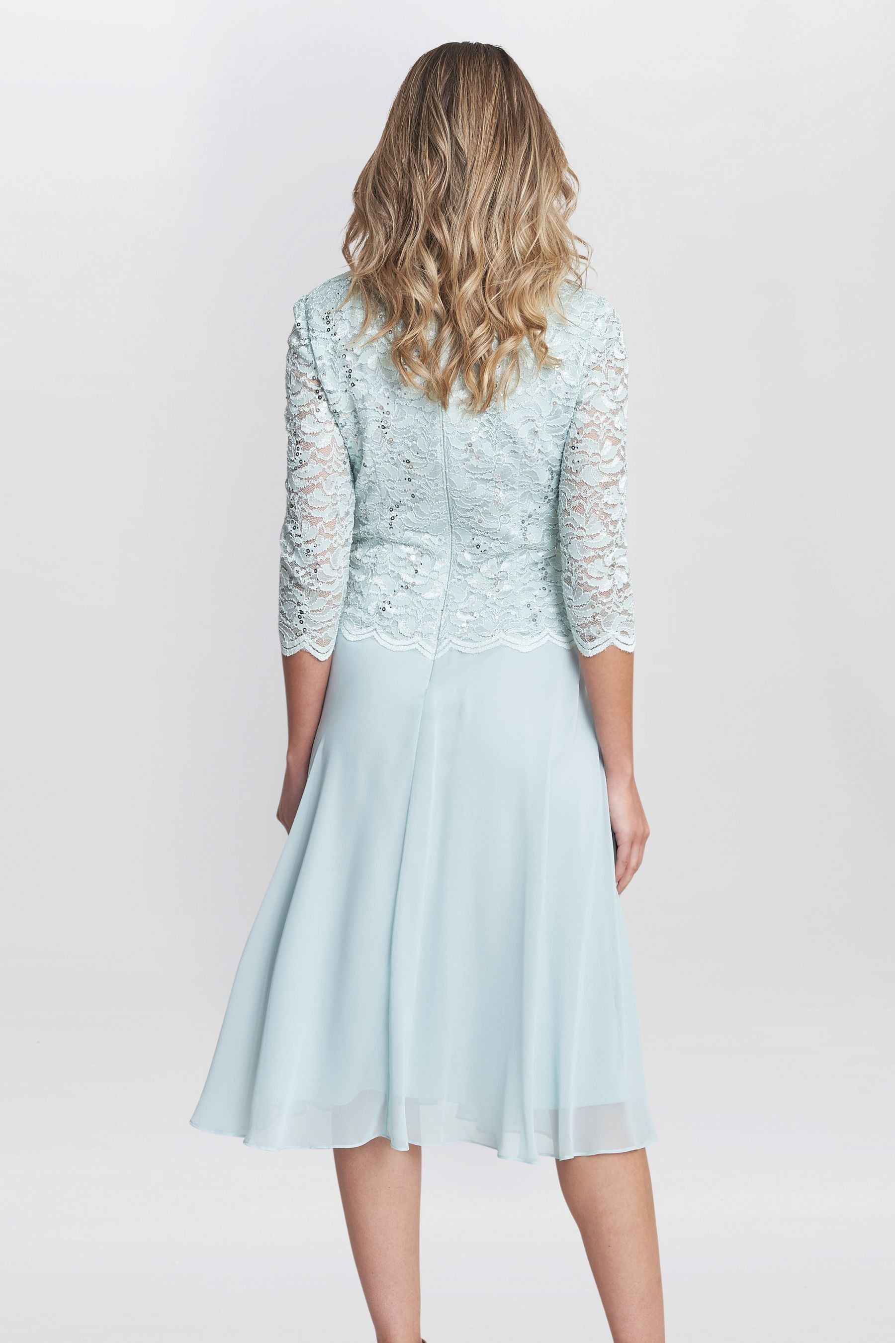 Gina Bacconi Rona Midi Dress With Lace Bodice Chiffon Skirt 12 BLUE Womens