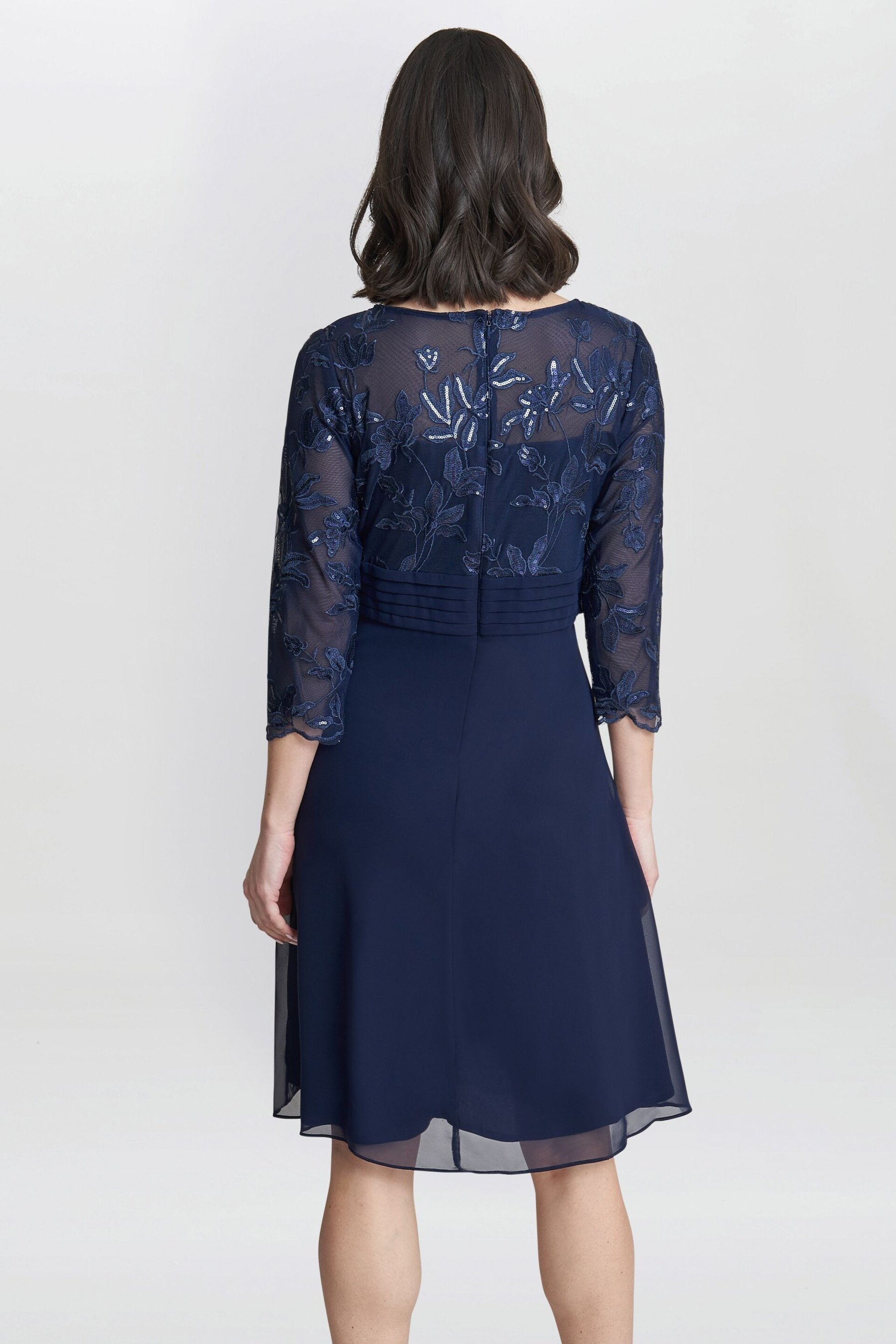 Gina Bacconi Thandie Petite Blue Embroidered Bodice Dress With Pleated Waist - Image 4 of 5