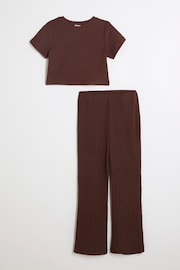 River Island Brown Girls Textured T-Shirt and Kickflare Trousers Set - Image 1 of 4