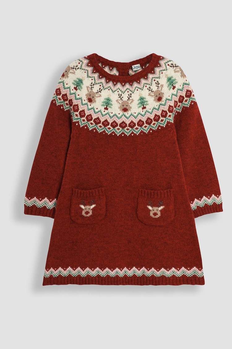 JoJo Maman Bébé Red Reindeer Christmas Fair Isle Knitted Dress - Image 1 of 3