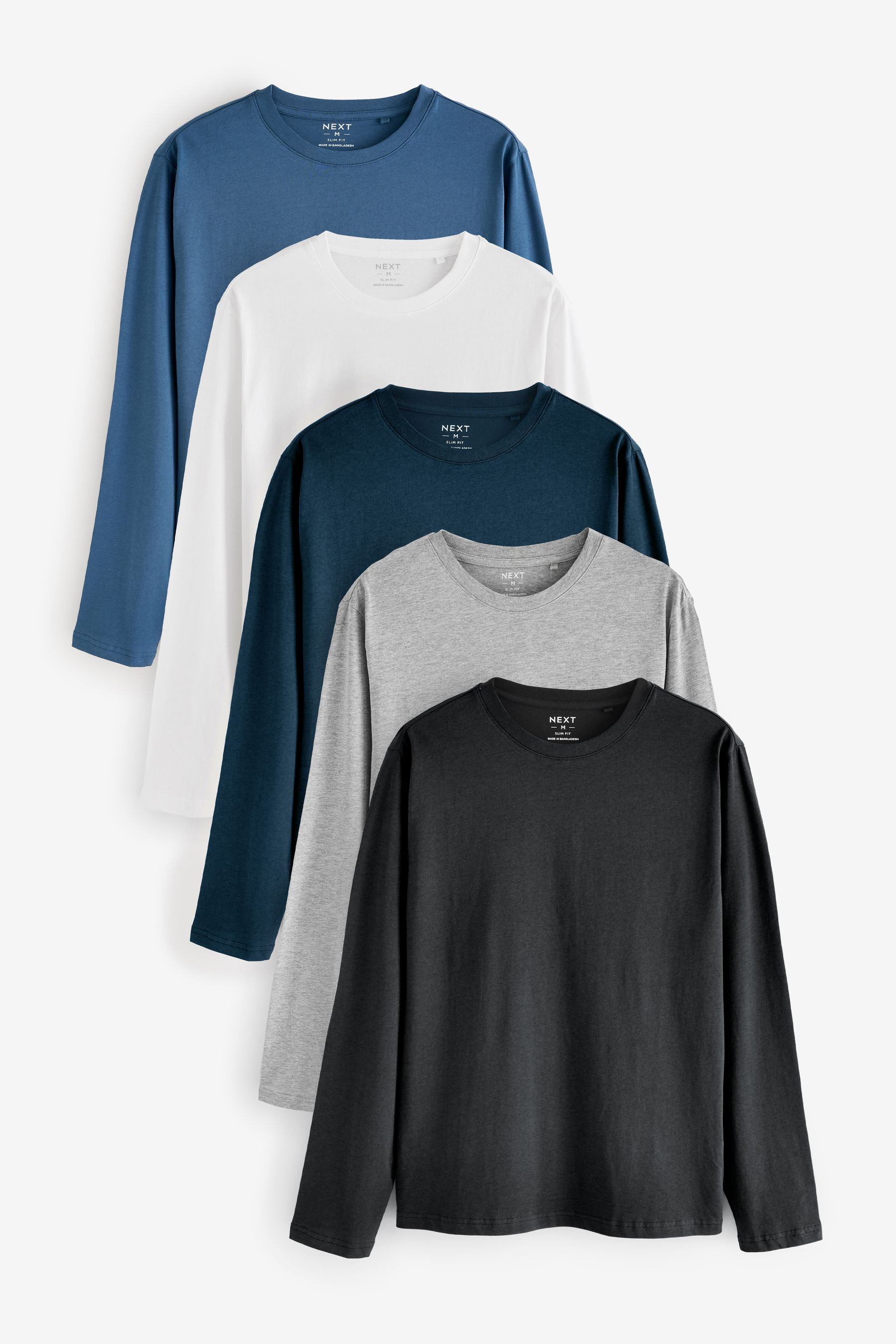Buy Black White Grey Blue Slim Fit Long Sleeve 100 Cotton T Shirts 5 Pack from the Next UK online shop