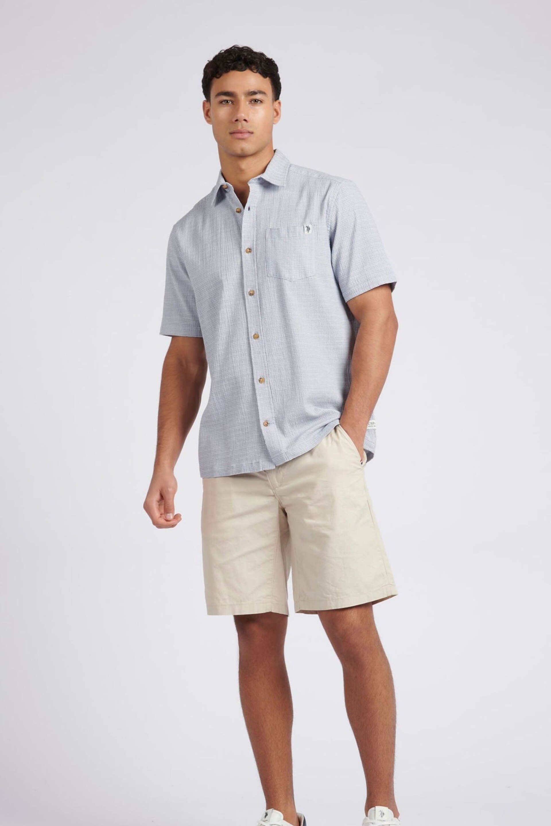 U.S. Polo Assn. Mens Blue Seersucker Stripe Short Sleeve Shirt - Image 3 of 9