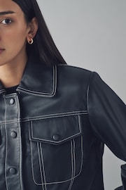 Urban Code Black Leather Contrast Stitch Cropped Jacket - Image 4 of 4