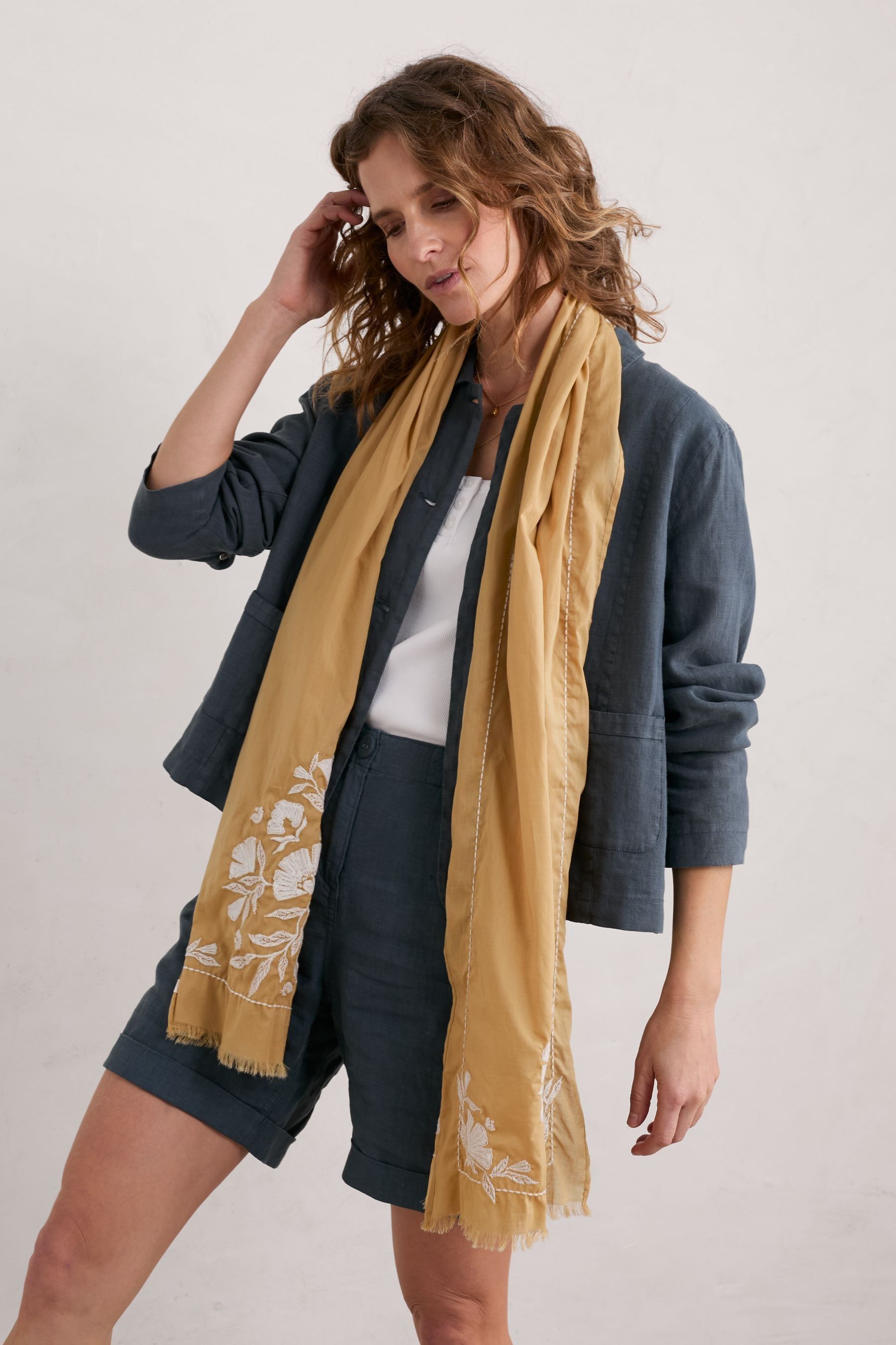 Seasalt Cornwall Yellow Trezelah Embroidered 100 Cotton Scarf