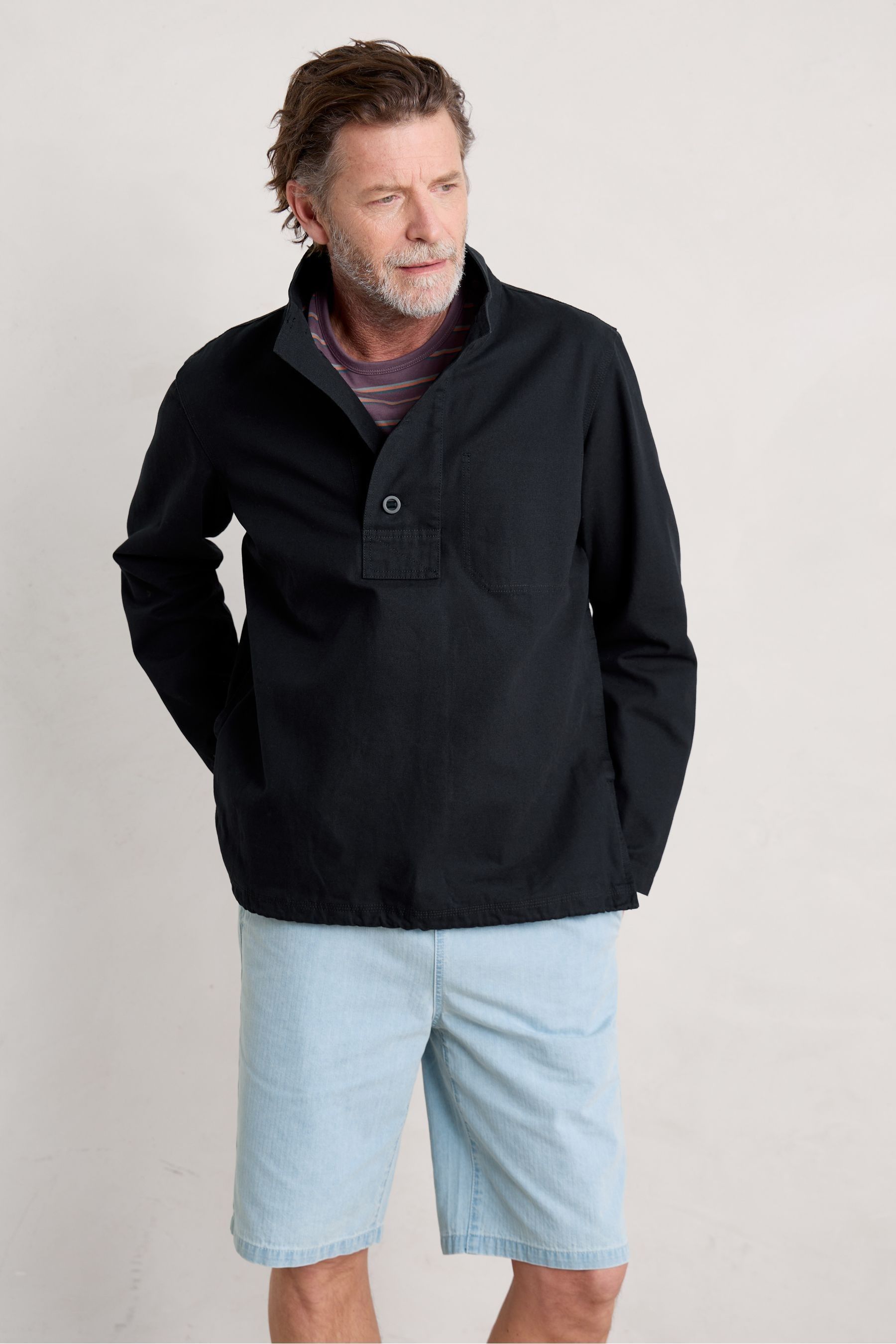Seasalt Cornwall Blue Mens Clay Stone Organic Cotton Pullover Smock Jacket