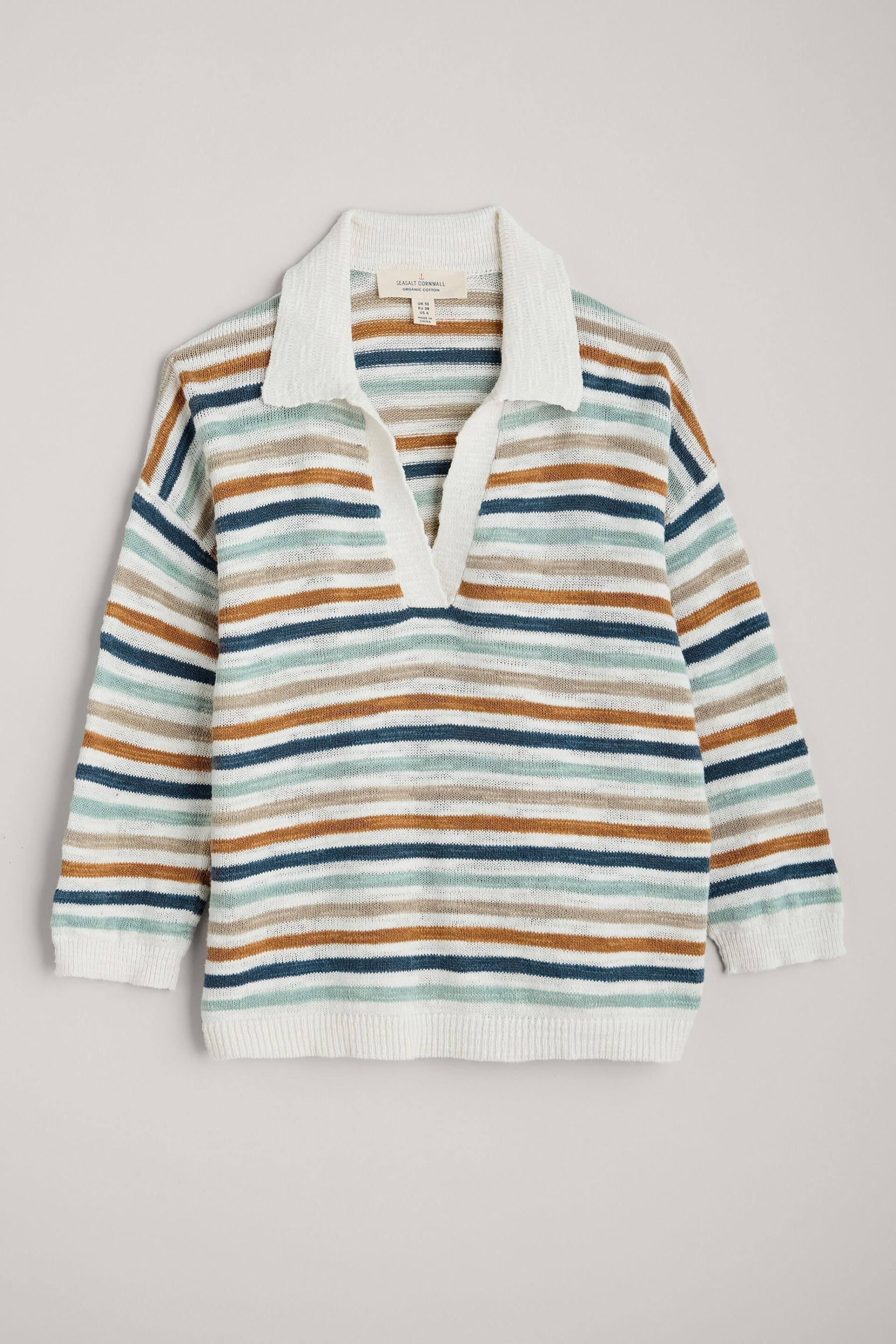 Seasalt Cornwall Multi Gwynver Lightweight V-Neck Collared Jumper - Image 7 of 8