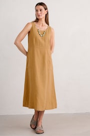 Seasalt Cornwall Brown Petite Sleeveless Grass Wave 100% Linen Dress - Image 1 of 5