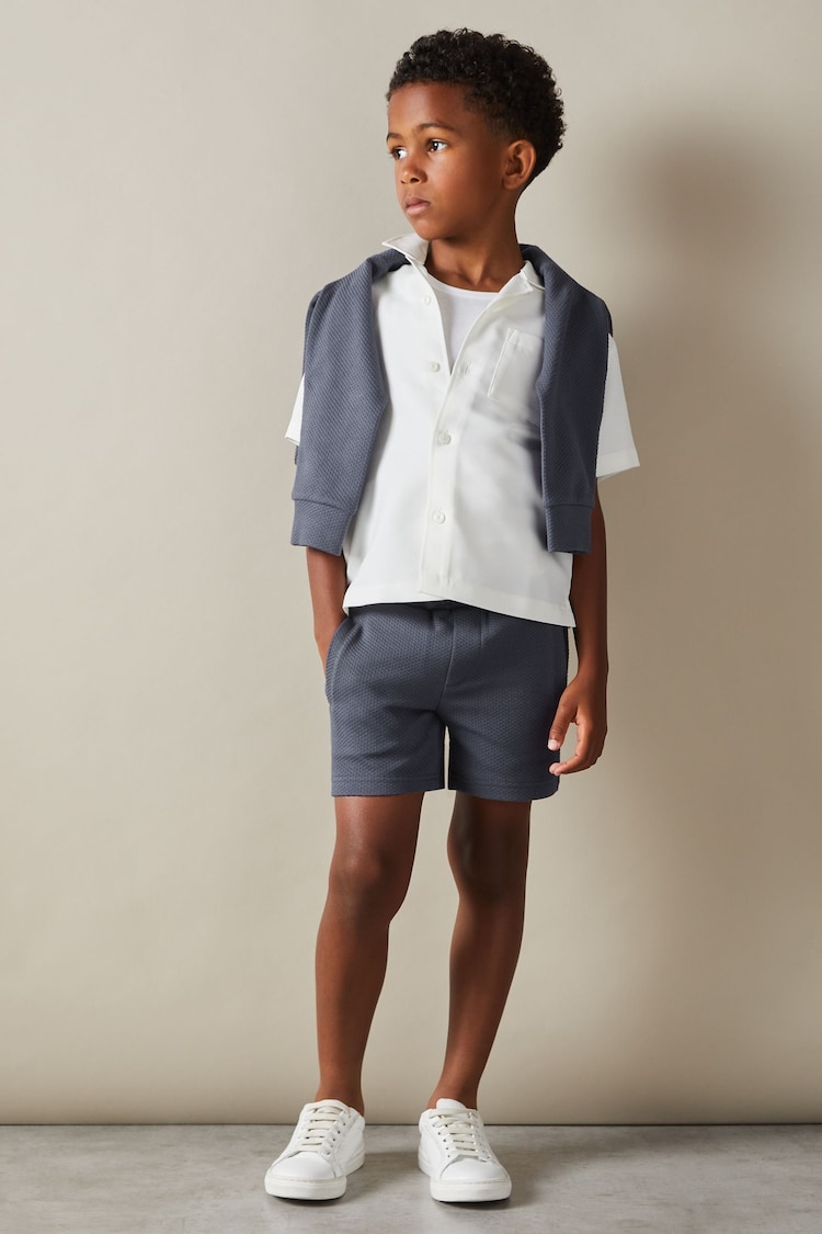 Reiss Steel Blue Robin Senior Textured Drawstring Shorts - Image 1 of 5